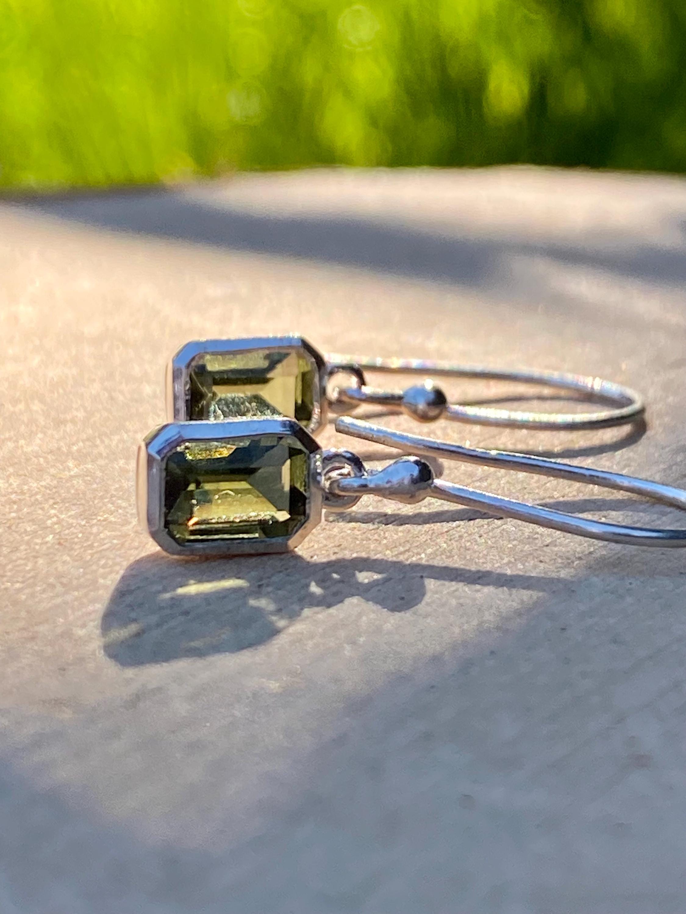 Genuine Moldavite Dangle Earrings, Sterling Silver Emerald - Cut 7mm x 5mm, Handmade UK gift