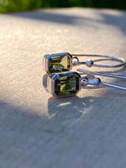 Genuine Moldavite Dangle Earrings, Sterling Silver Emerald - Cut 7mm x 5mm, Handmade UK gift