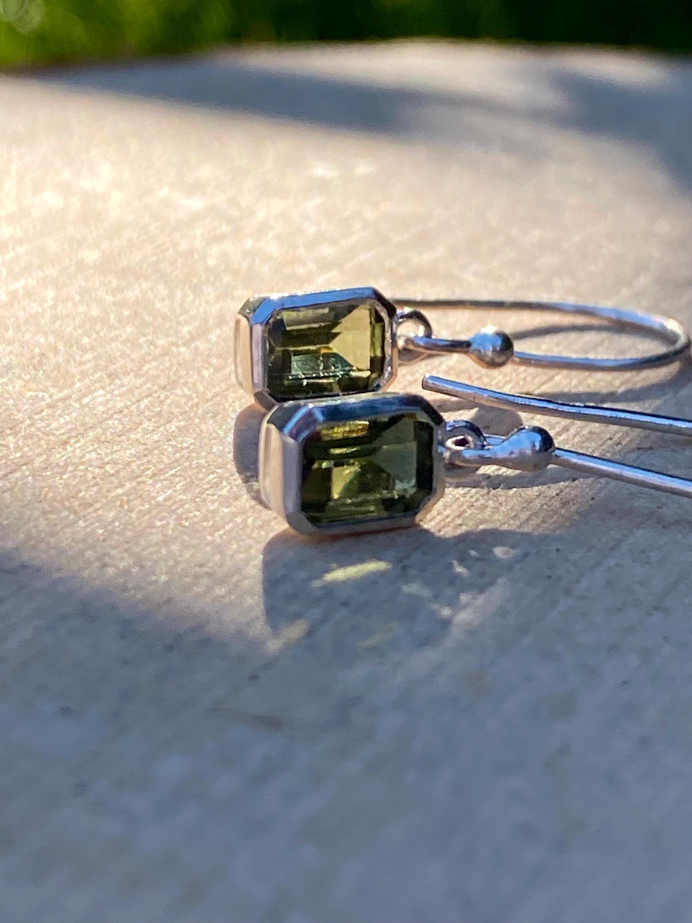 Genuine Moldavite Dangle Earrings, Sterling Silver Emerald - Cut 7mm x 5mm, Handmade UK gift