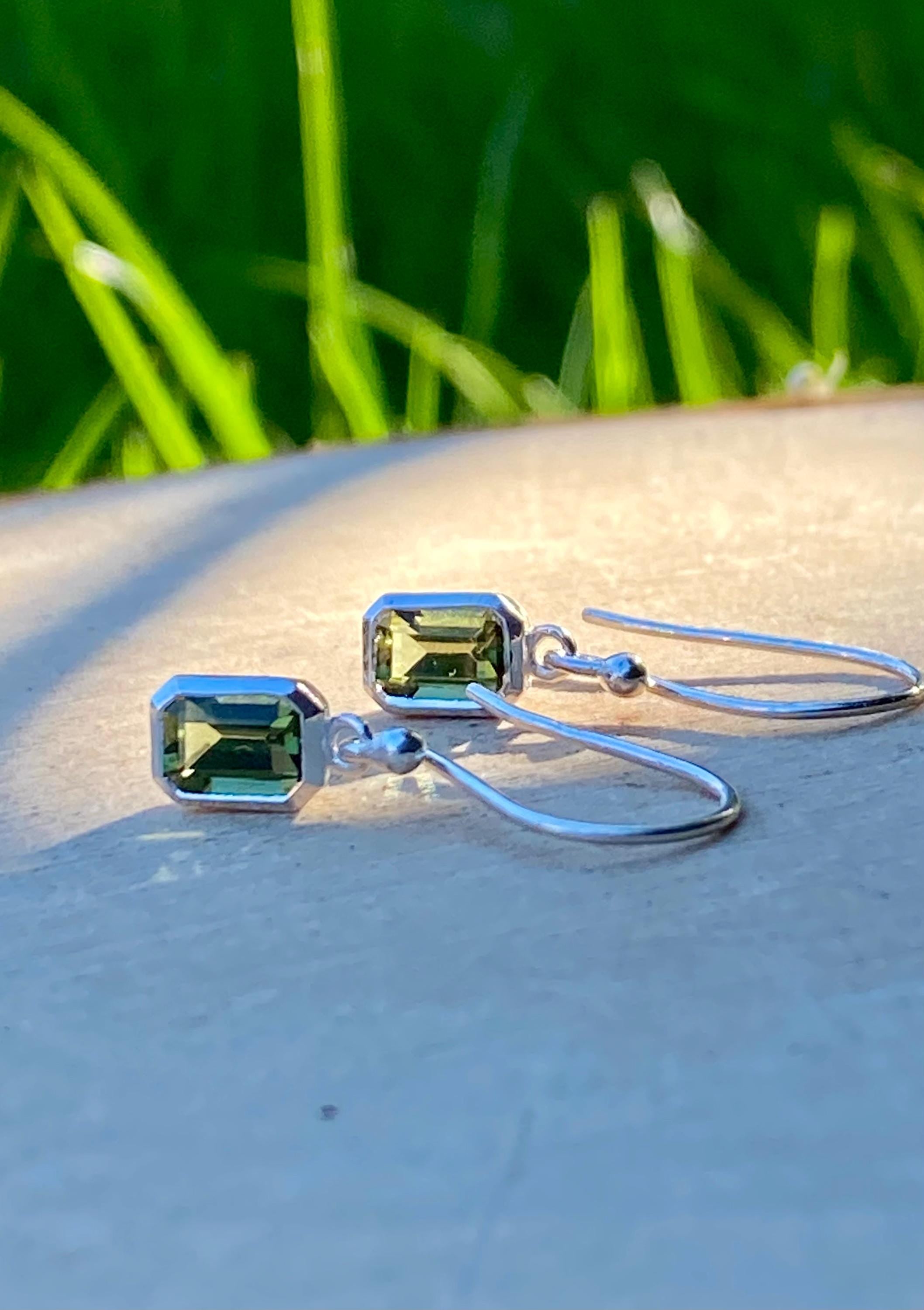 Genuine Moldavite Dangle Earrings, Sterling Silver Emerald - Cut 7mm x 5mm, Handmade UK gift