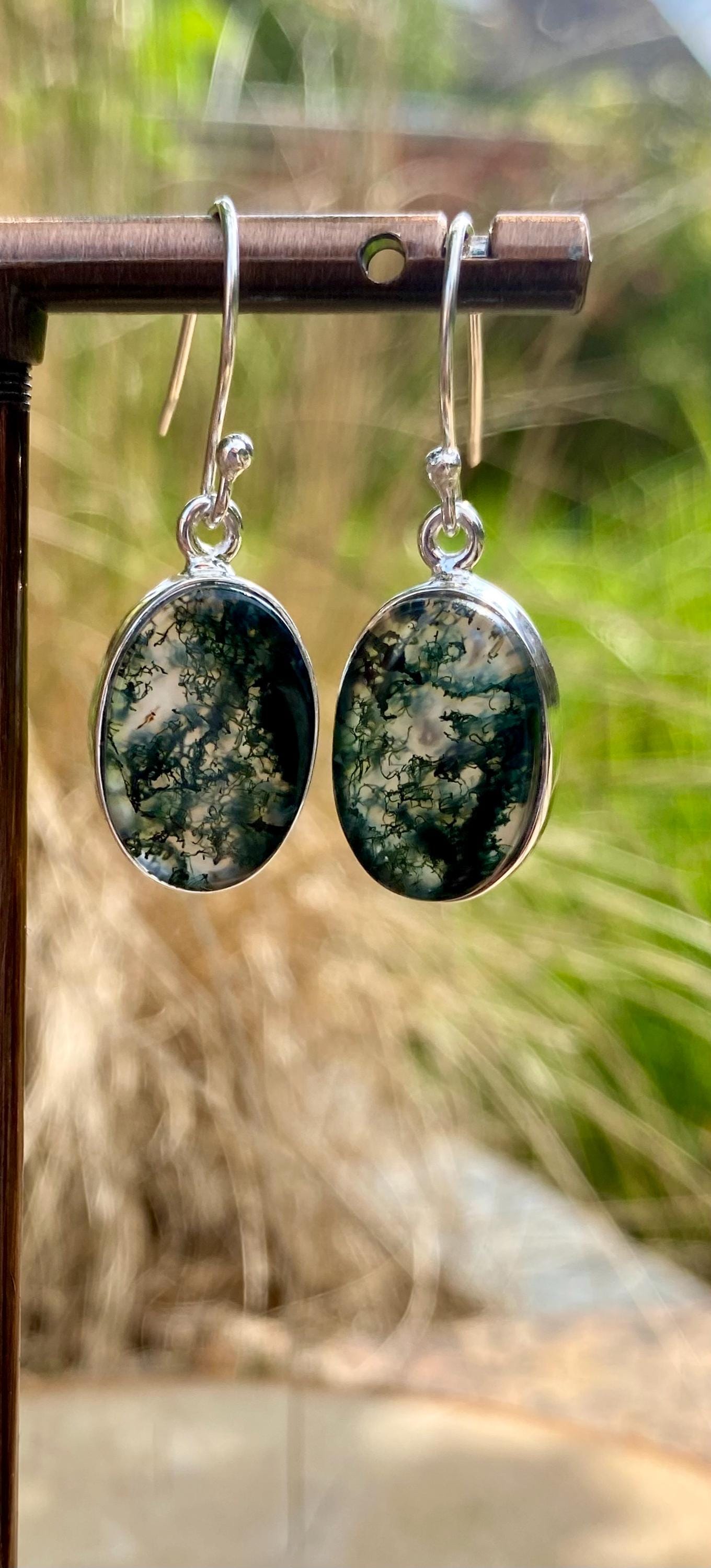 Moss Agate Silver Teardrop Earrings