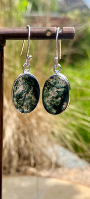 Moss Agate Silver Teardrop Earrings
