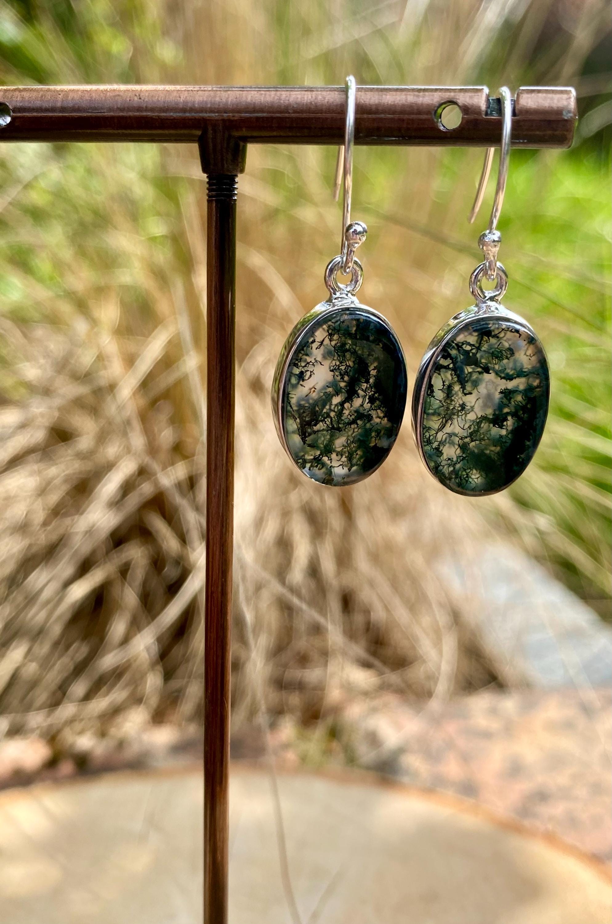 Moss Agate Silver Teardrop Earrings
