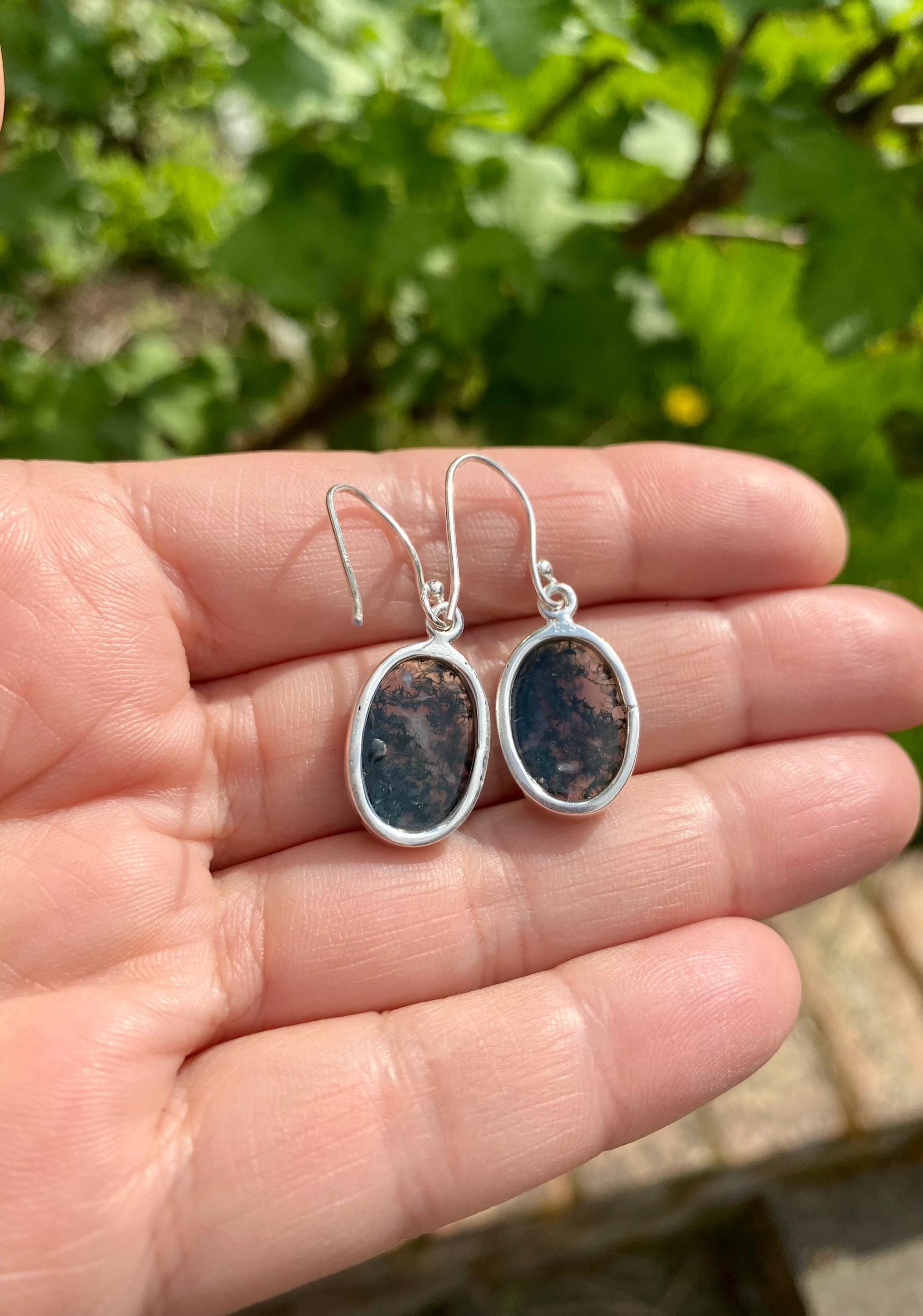 Moss Agate Silver Teardrop Earrings