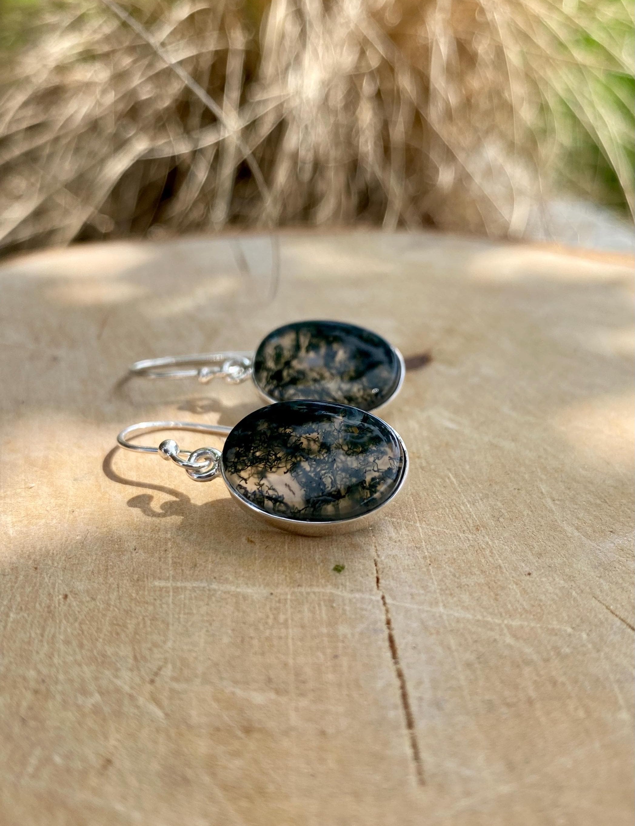 Moss Agate Silver Teardrop Earrings