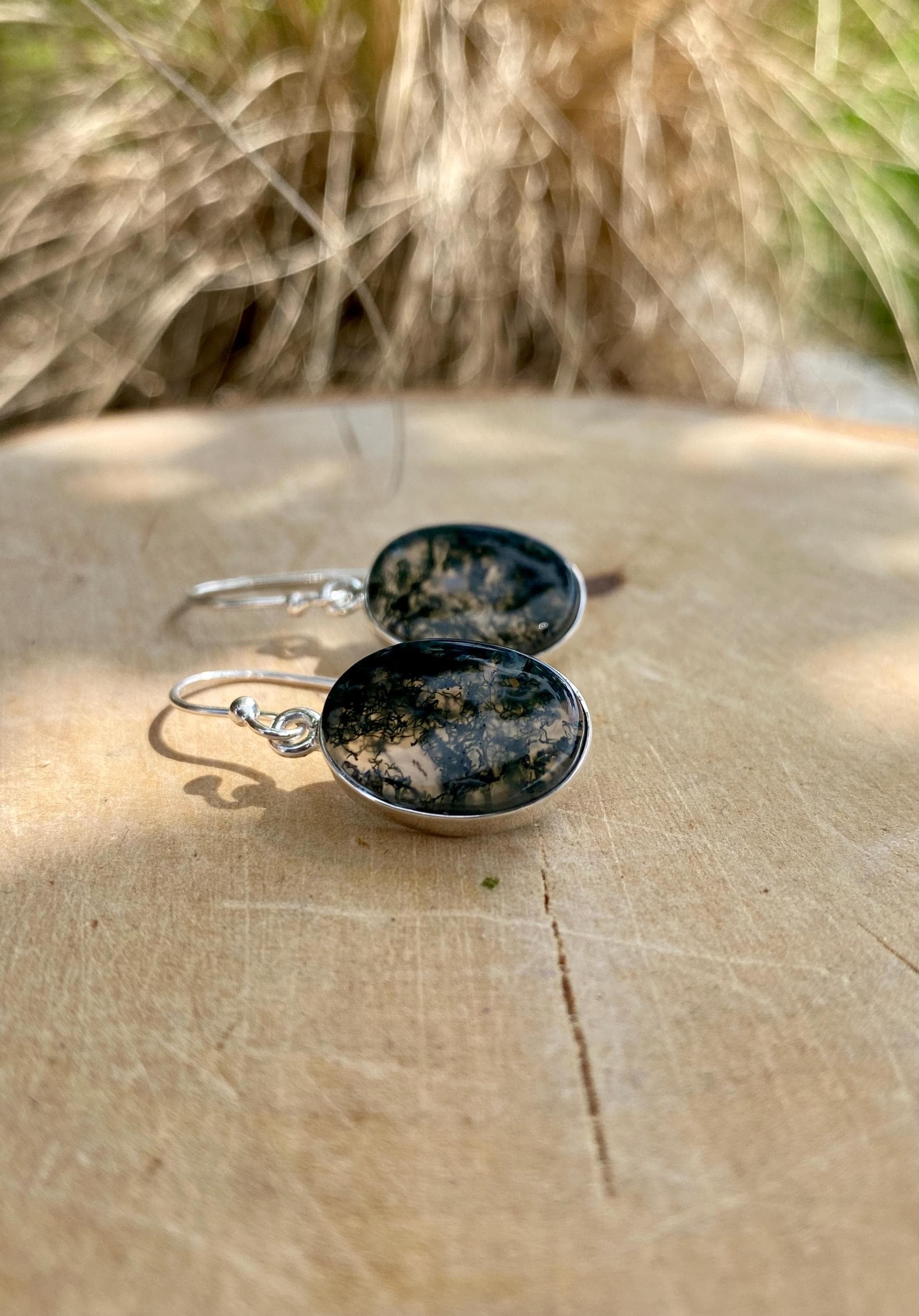 Moss Agate Silver Teardrop Earrings