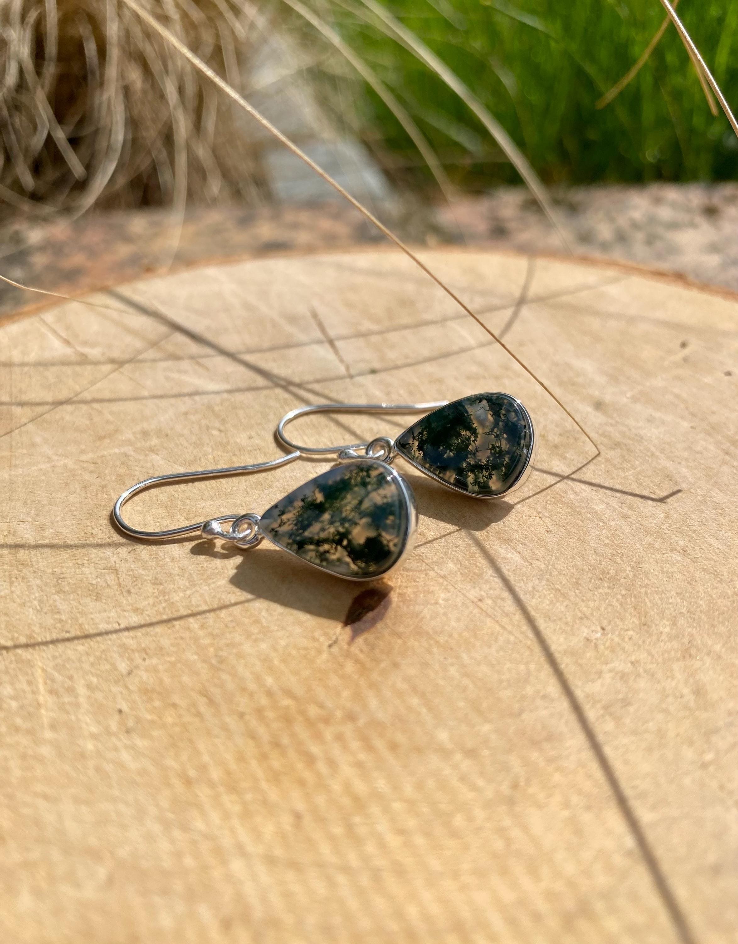 Moss Agate Silver Teardrop Earrings