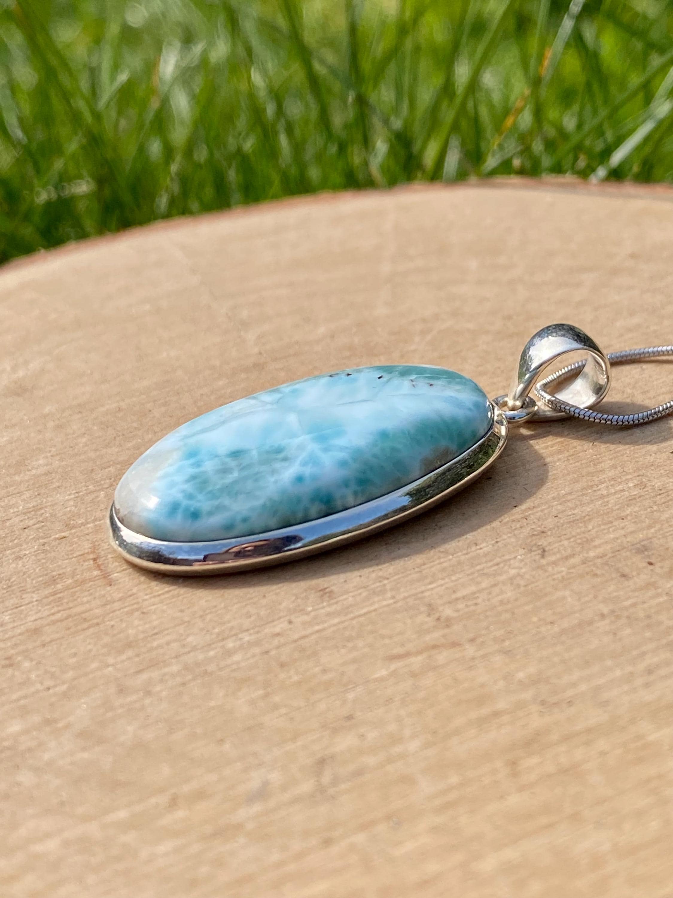 Dominican Larimar Pendant, Oval 35x23mm, Sterling Silver, UK Handmade Jewellery