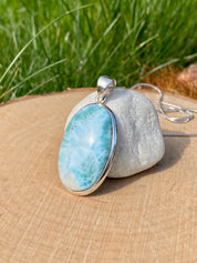 Dominican Larimar Pendant, Oval 35x23mm, Sterling Silver, UK Handmade Jewellery