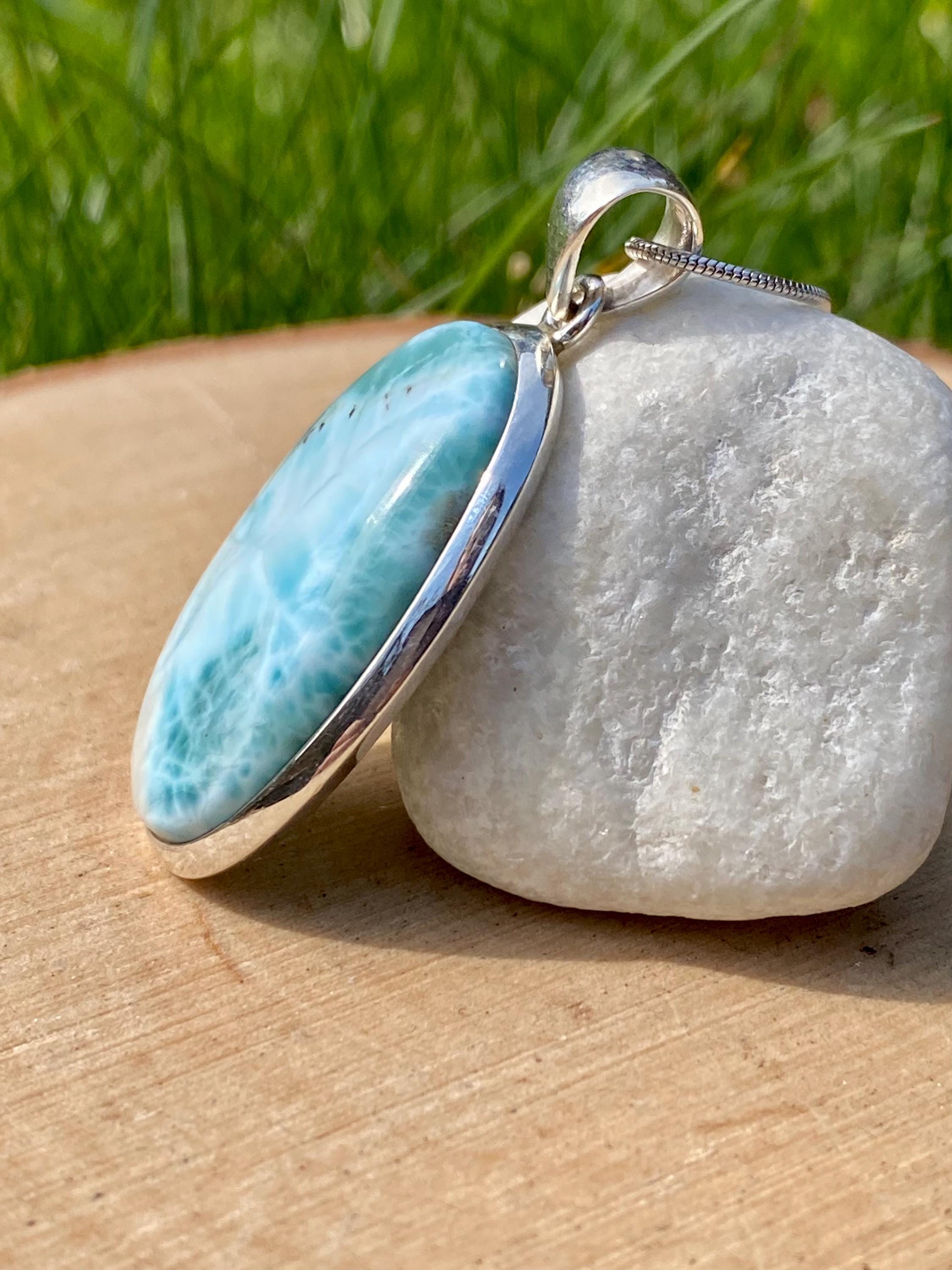 Dominican Larimar Pendant, Oval 35x23mm, Sterling Silver, UK Handmade Jewellery