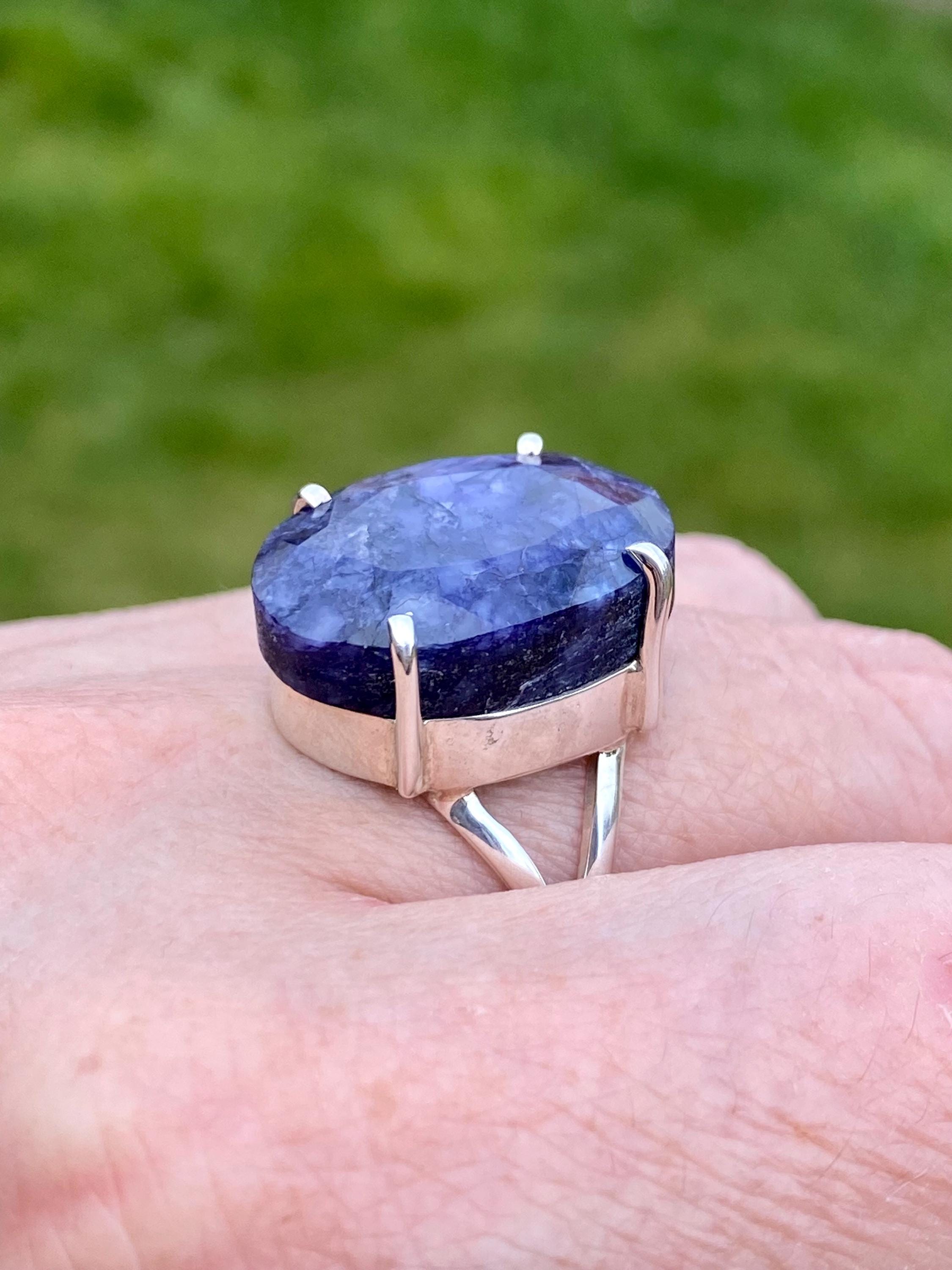 Raw Sapphire Sterling Silver Ring: Faceted Gemstone, Size 11