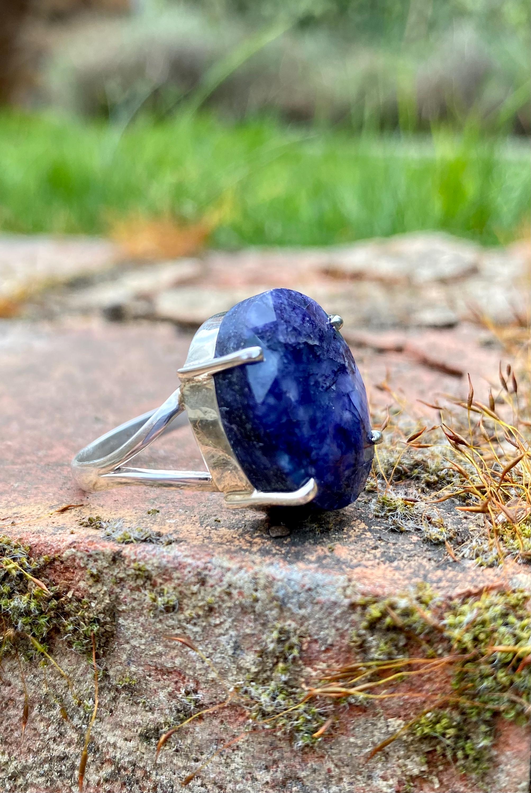 Raw Sapphire Sterling Silver Ring: Faceted Gemstone, Size 11