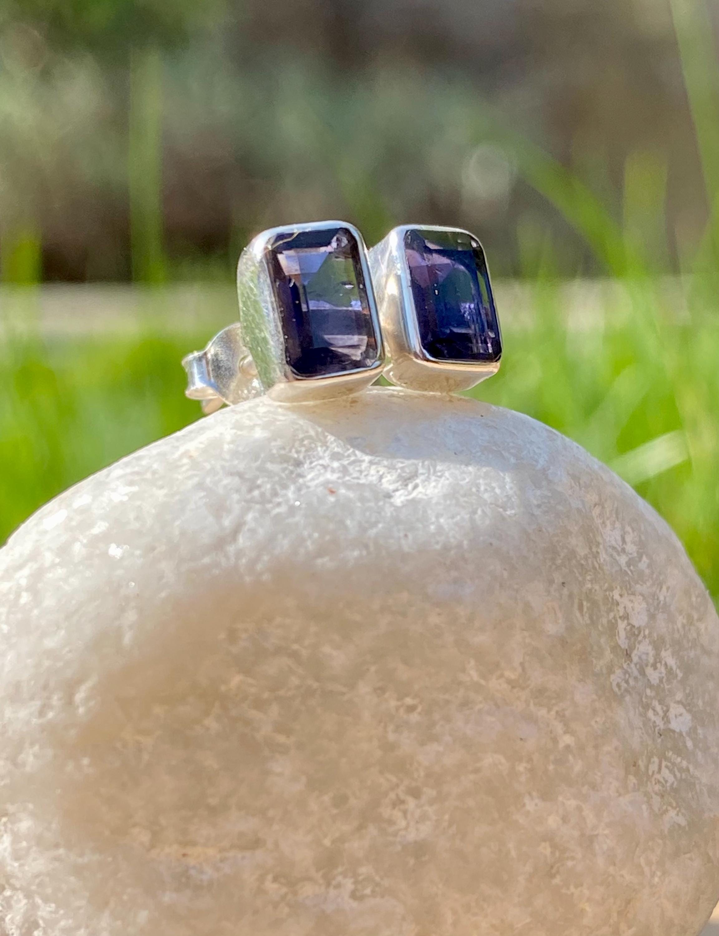 Natural Iolite, Lolite Sterling Silver Stud Earrings