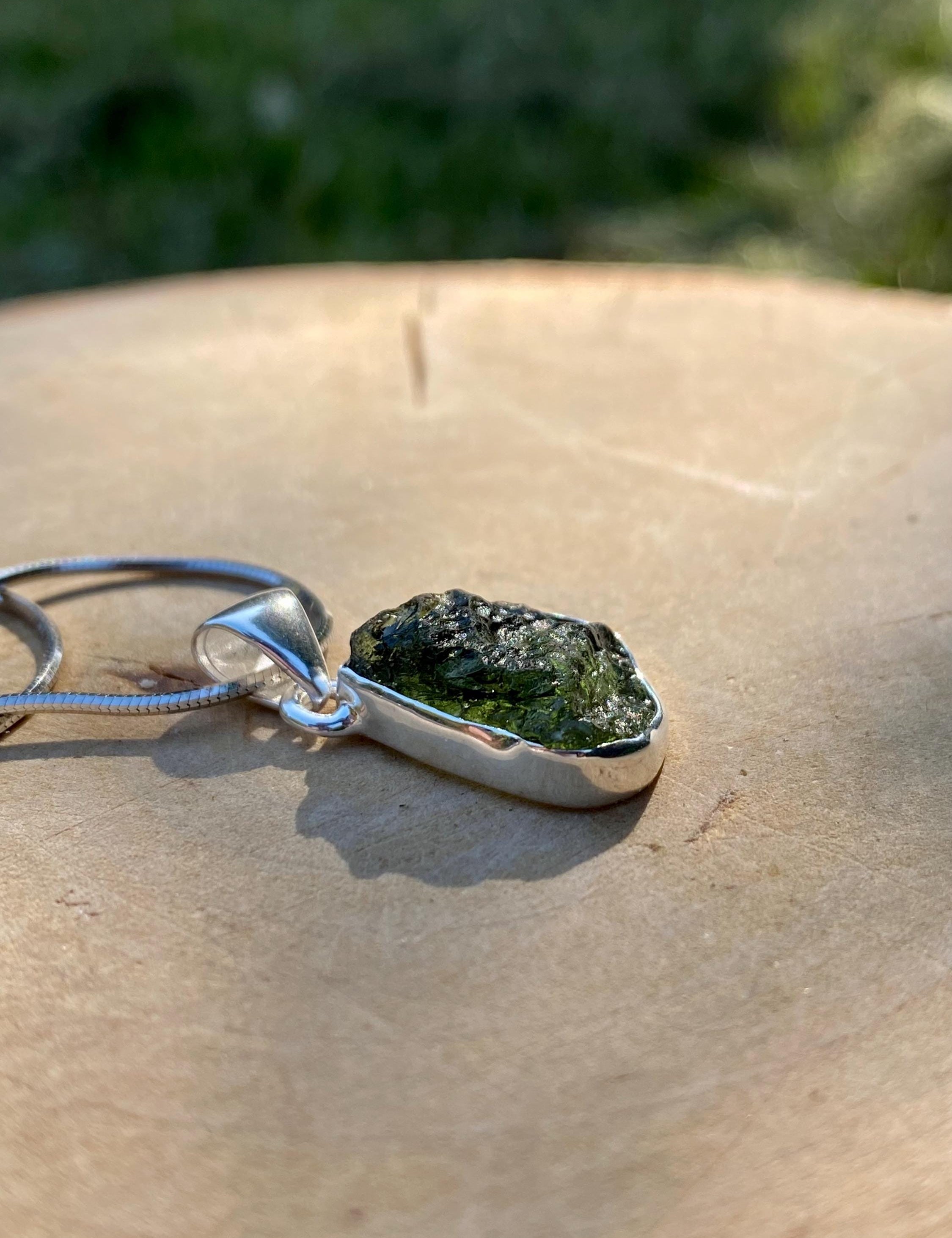 Natural MOLDAVITE and Sterling Silver Pendant