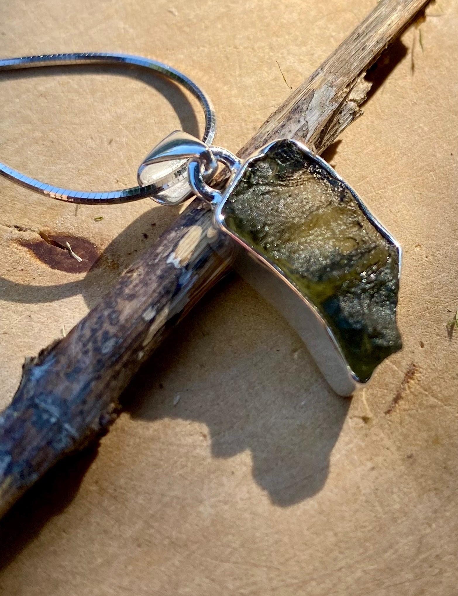 Natural MOLDAVITE and Sterling Silver Pendant