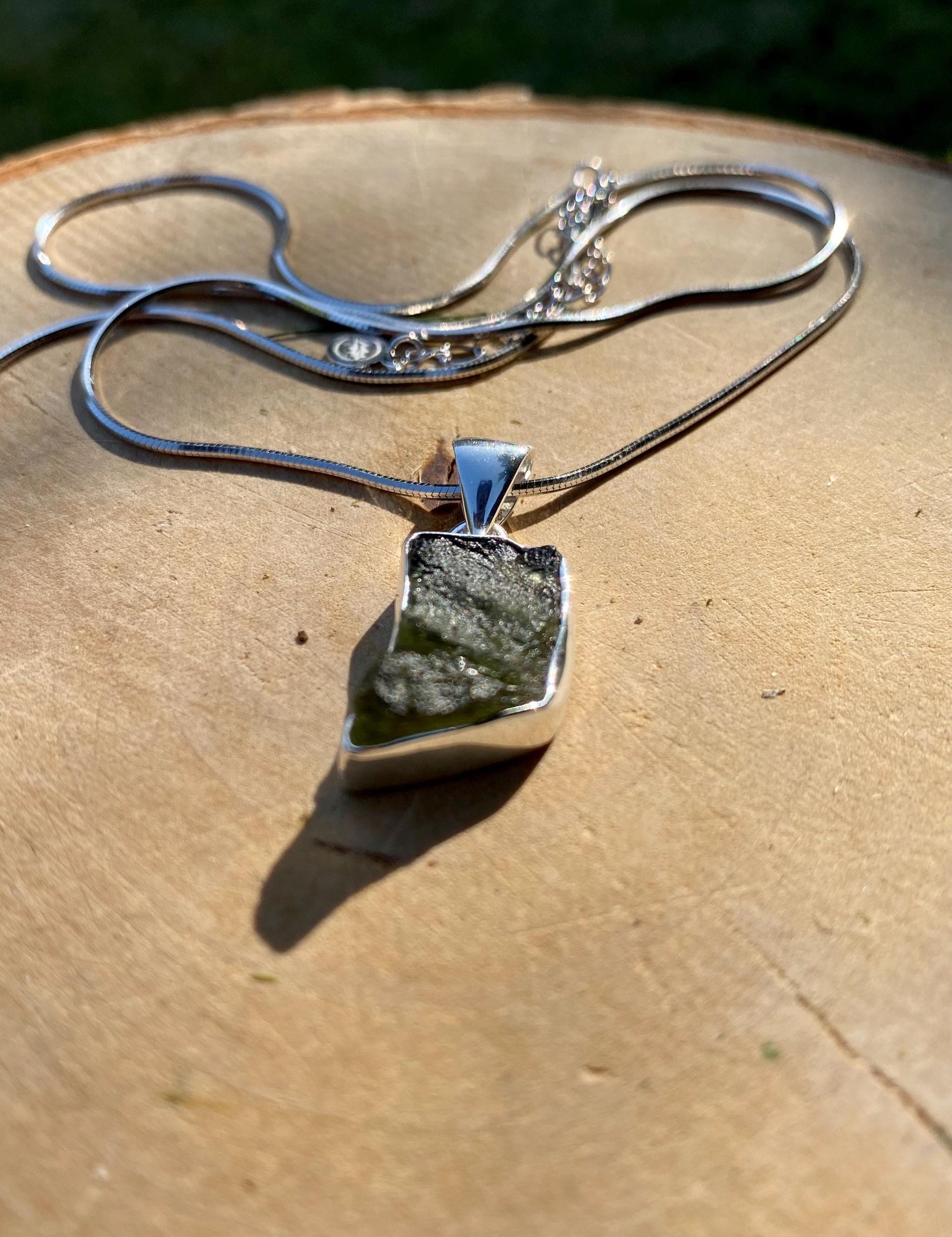 Natural MOLDAVITE and Sterling Silver Pendant