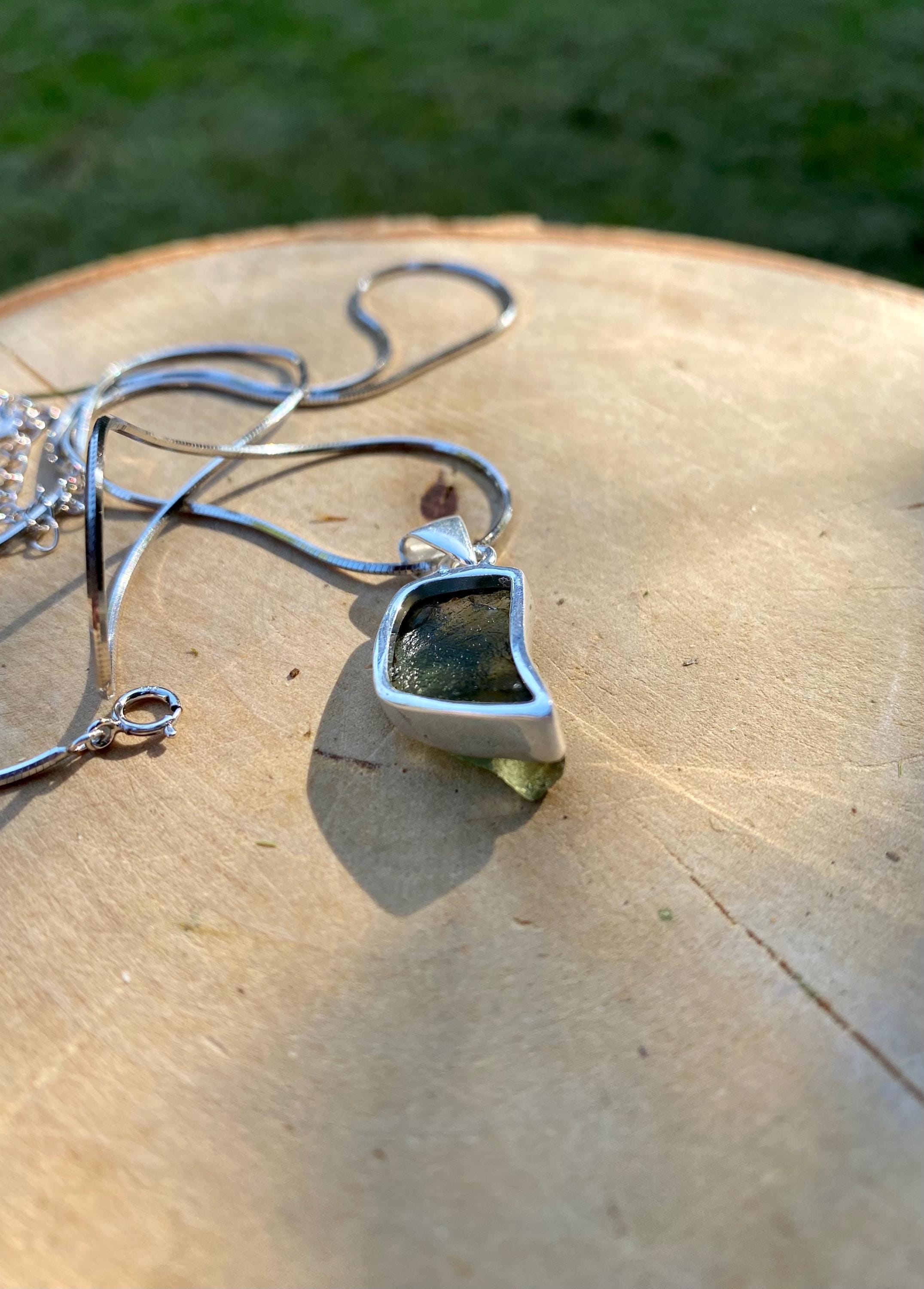 Natural MOLDAVITE Pendant, Uncut, Sterling Silver Bezel Setting, Handmade UK
