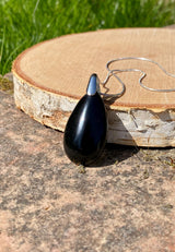 Black Polished Tourmaline Teardrop Sterling Silver Pendant