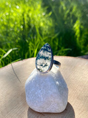 Moss Agate Sterling Silver Teardrop Ring