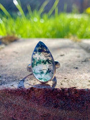 Moss Agate Sterling Silver Teardrop Ring