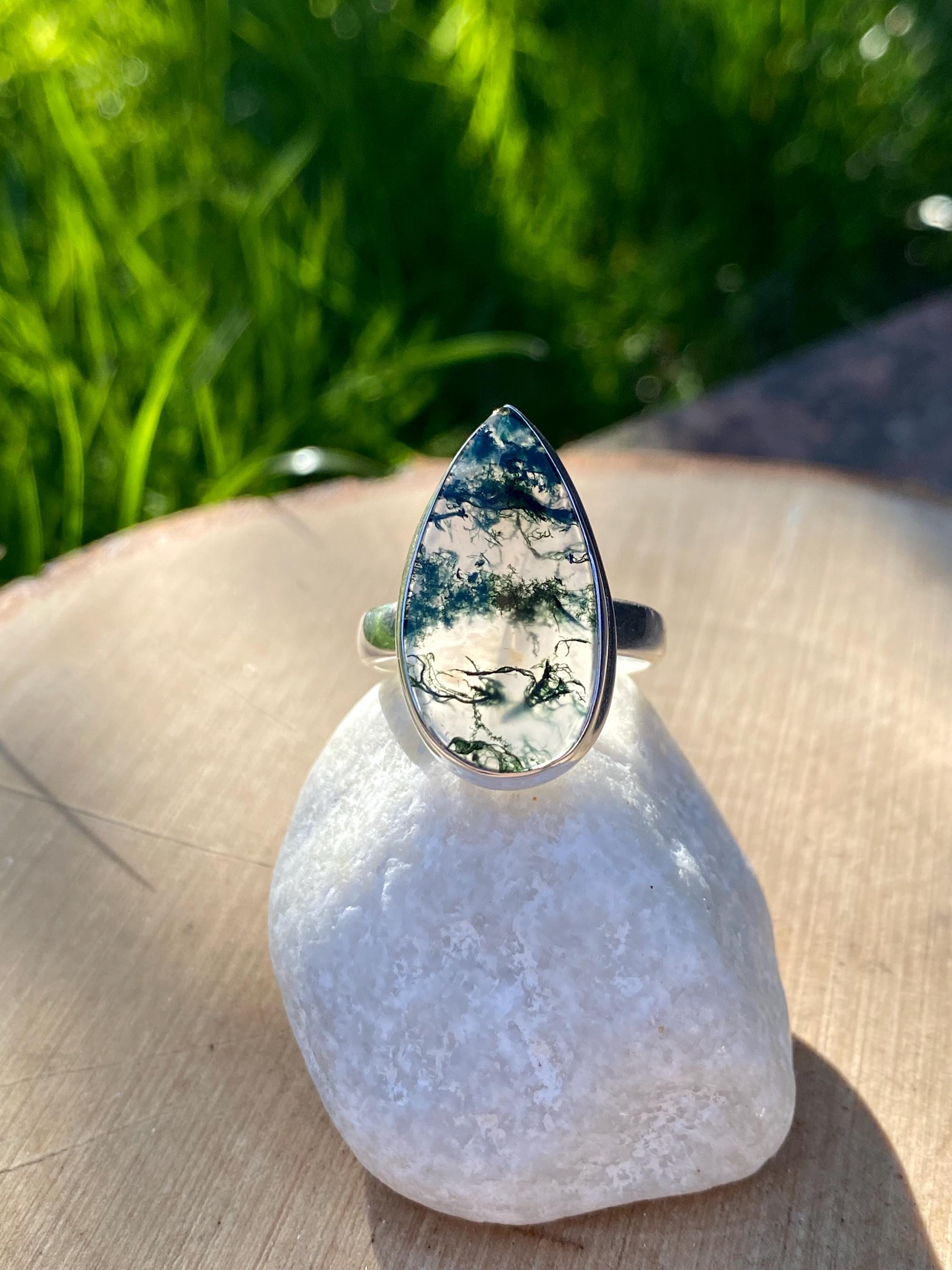 Moss Agate Sterling Silver Teardrop Ring