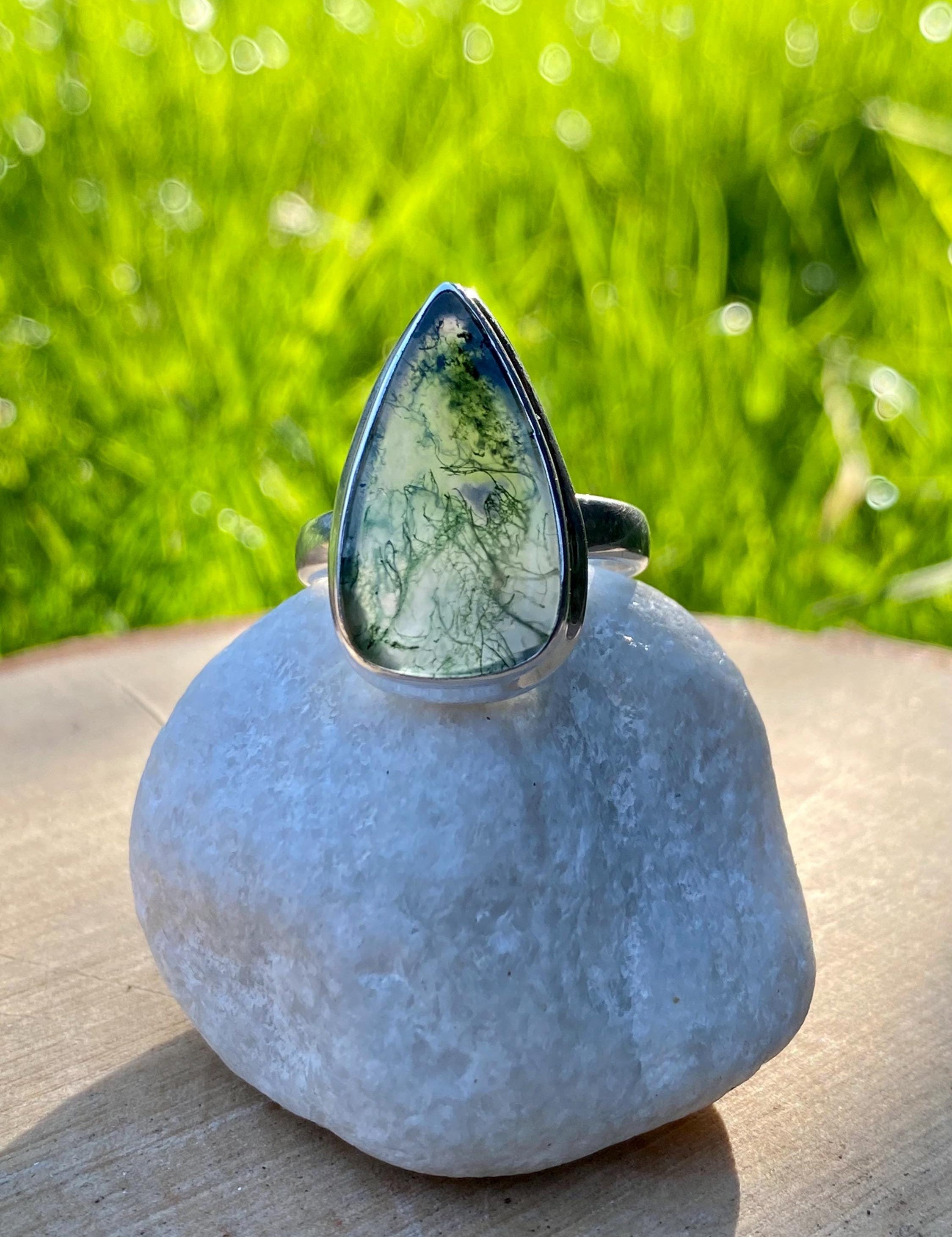 Moss Agate Sterling Silver Teardrop Ring