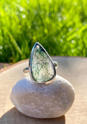 Moss Agate Sterling Silver Teardrop Ring
