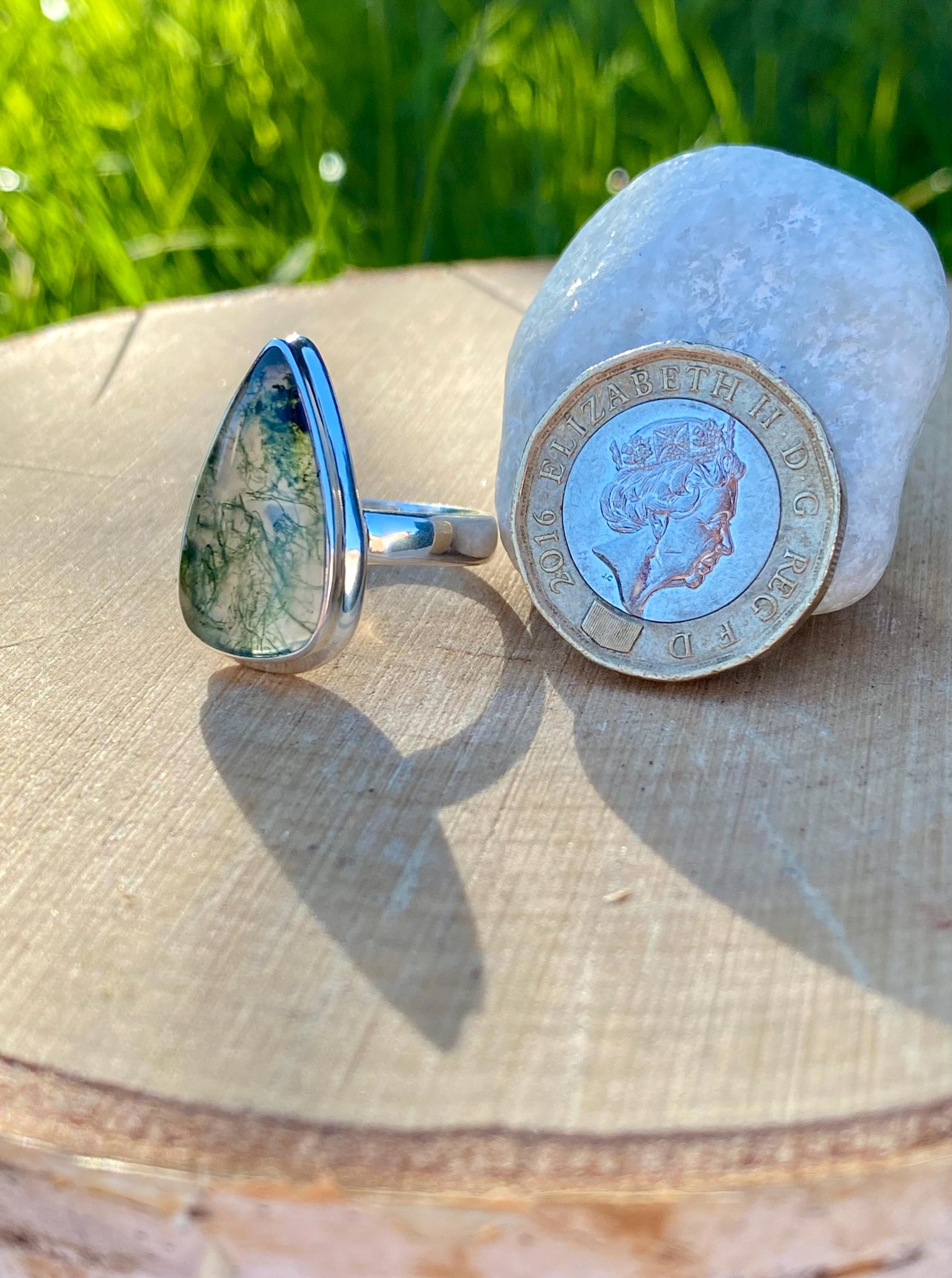 Moss Agate Sterling Silver Teardrop Ring
