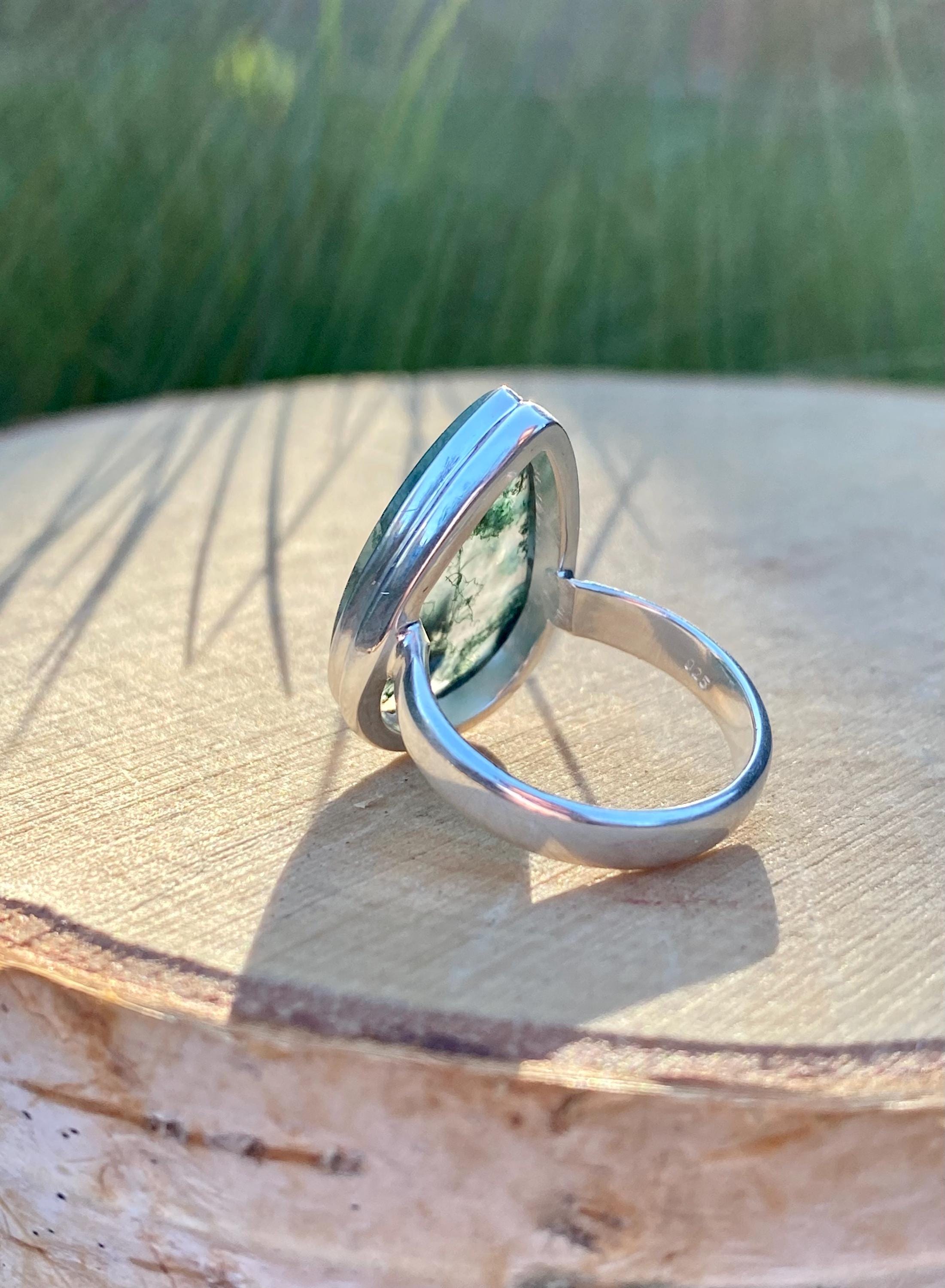 Moss Agate Sterling Silver Teardrop Ring