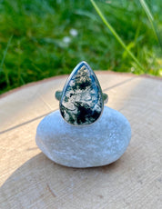 Moss Agate Sterling Silver Teardrop Ring