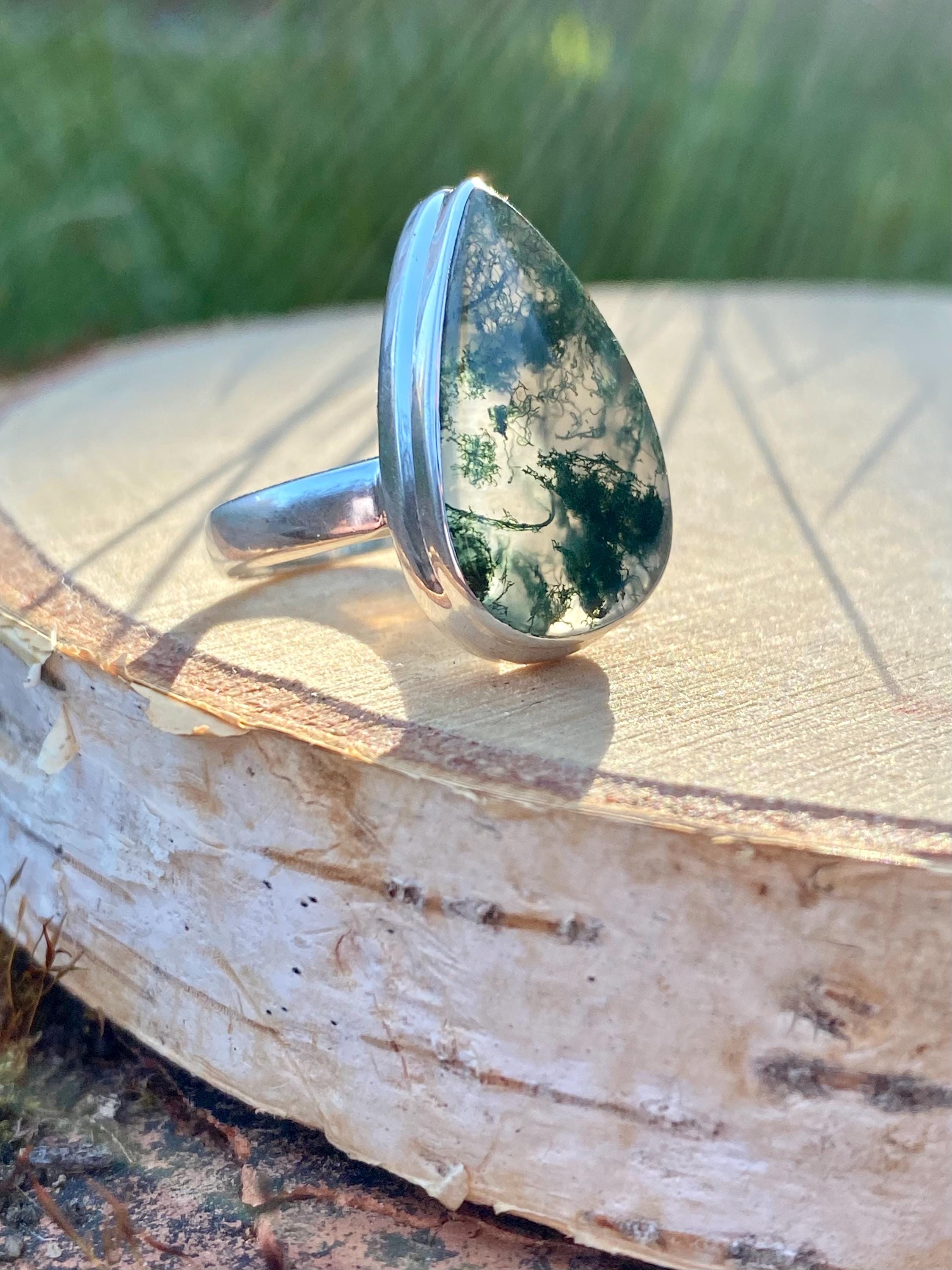 Moss Agate Sterling Silver Teardrop Ring