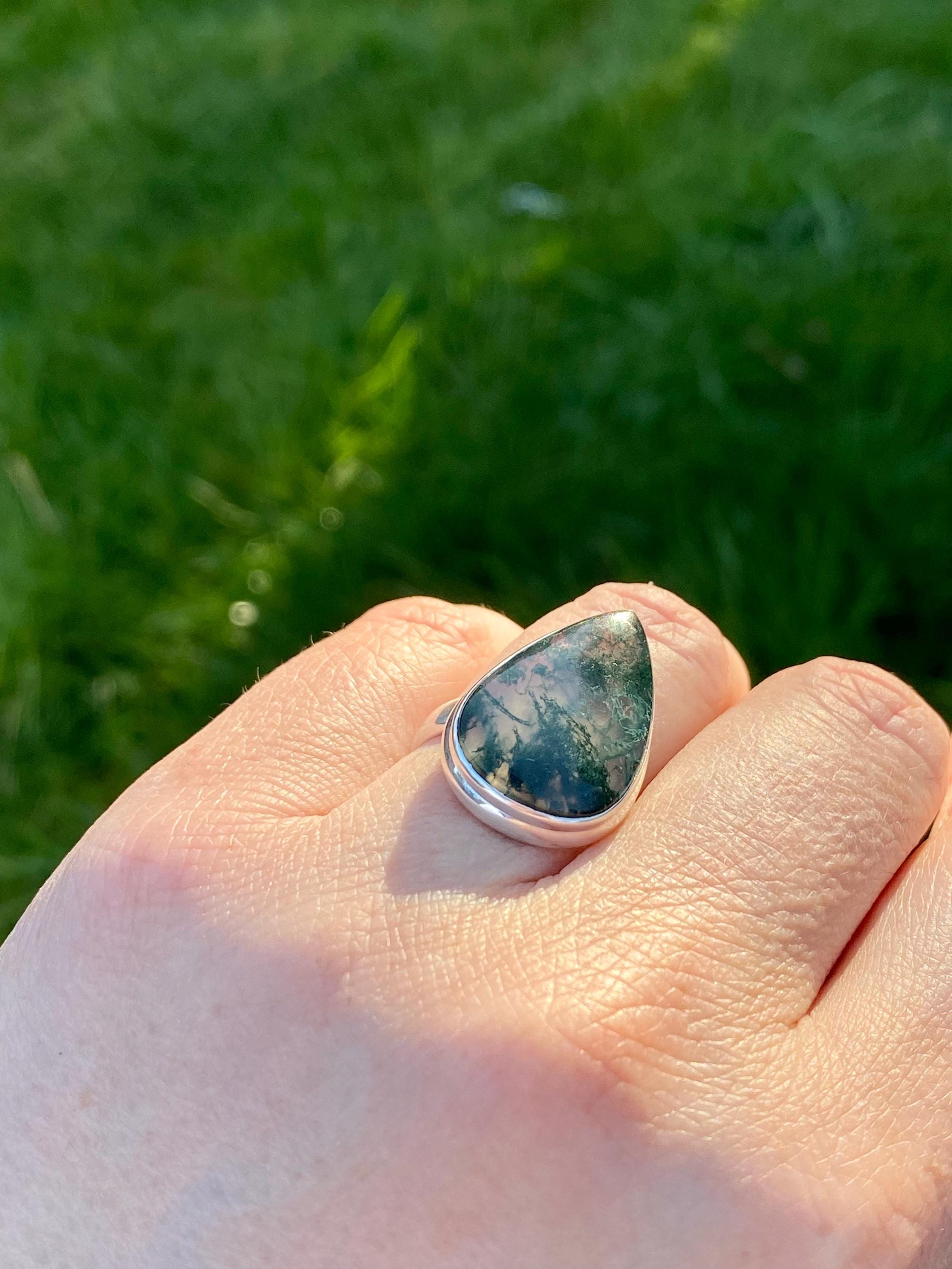Moss Agate Sterling Silver Teardrop Ring
