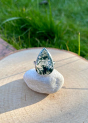 Moss Agate Sterling Silver Teardrop Ring