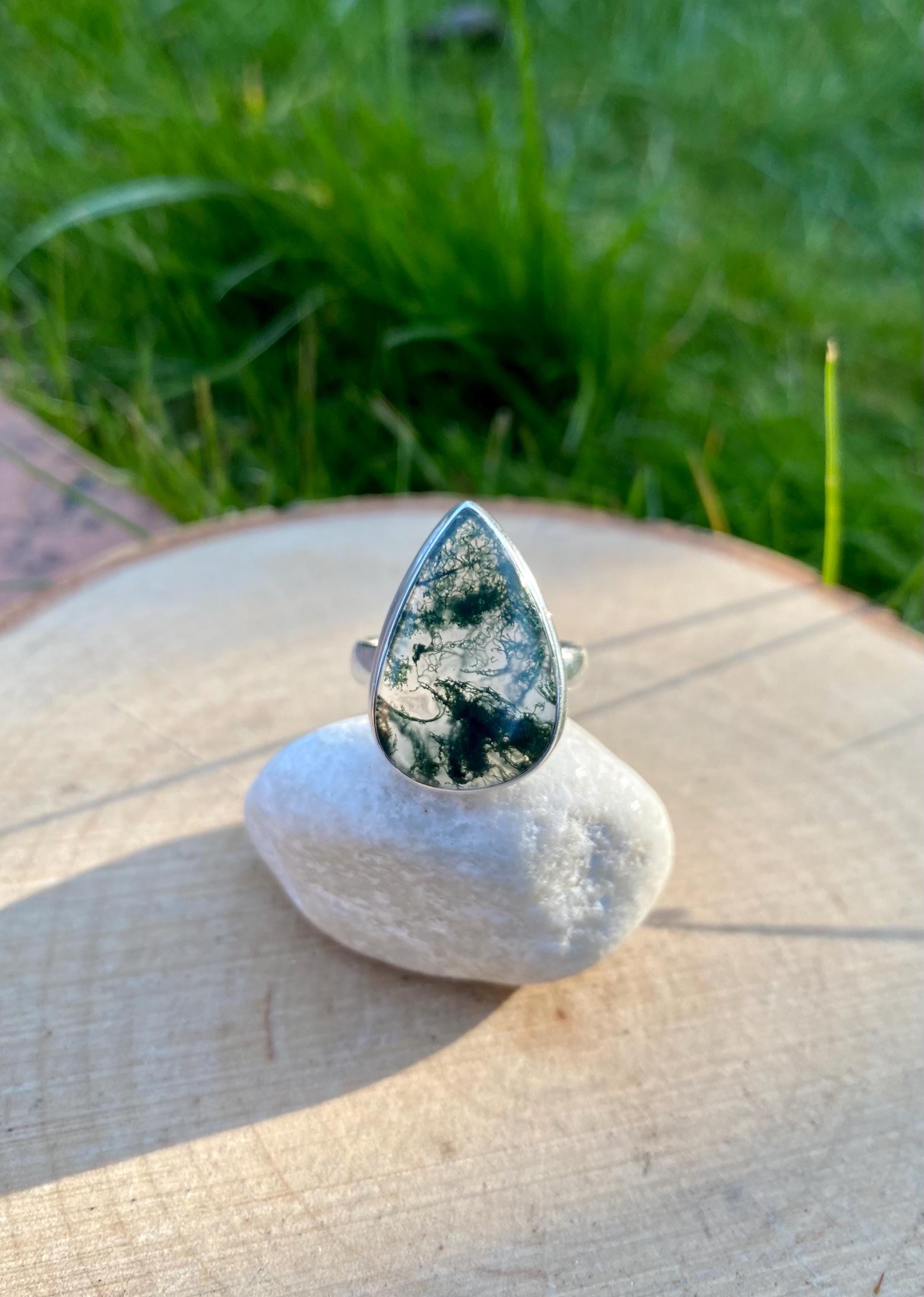 Moss Agate Sterling Silver Teardrop Ring