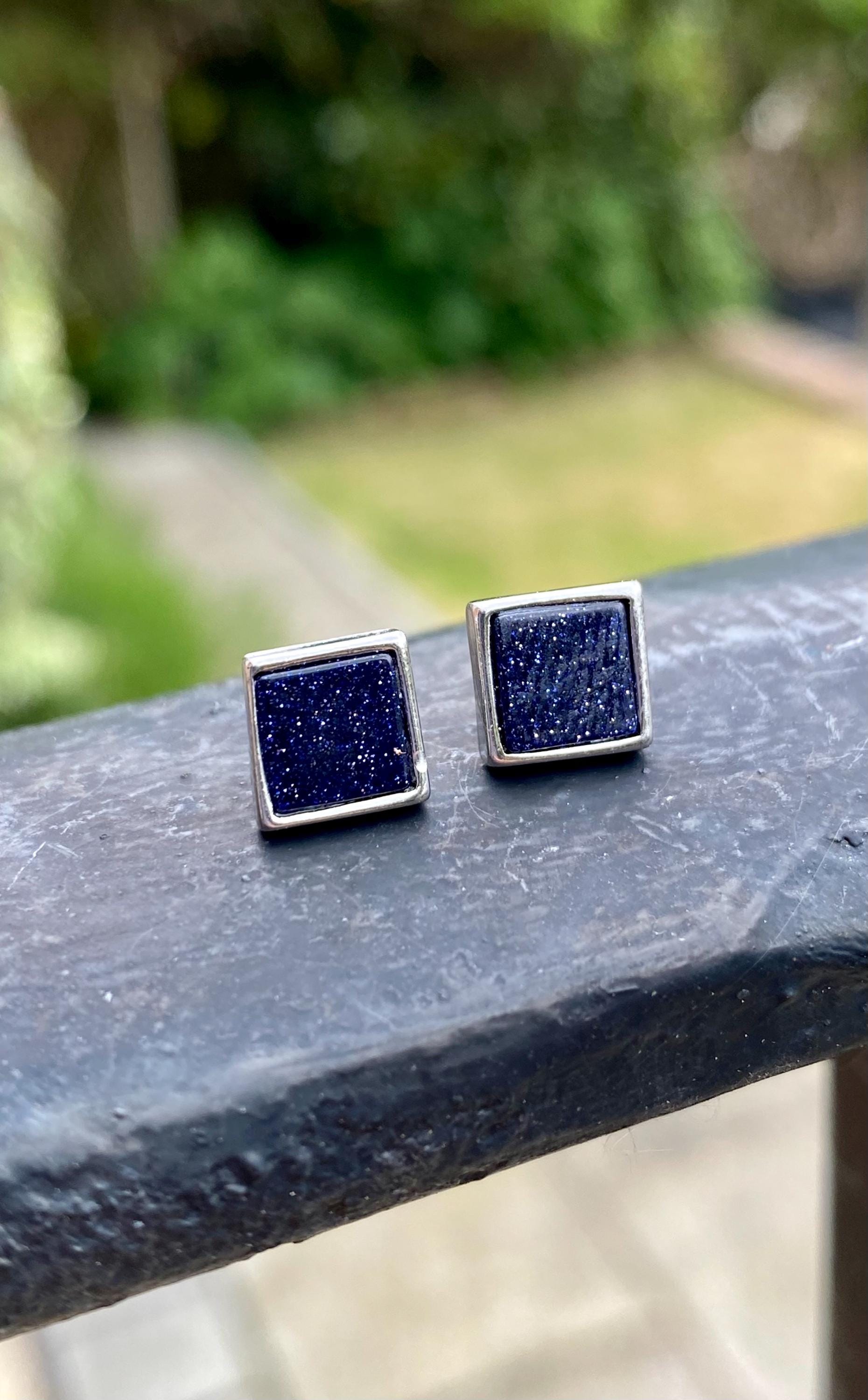 Navy Blue Goldstone and Silver Studs