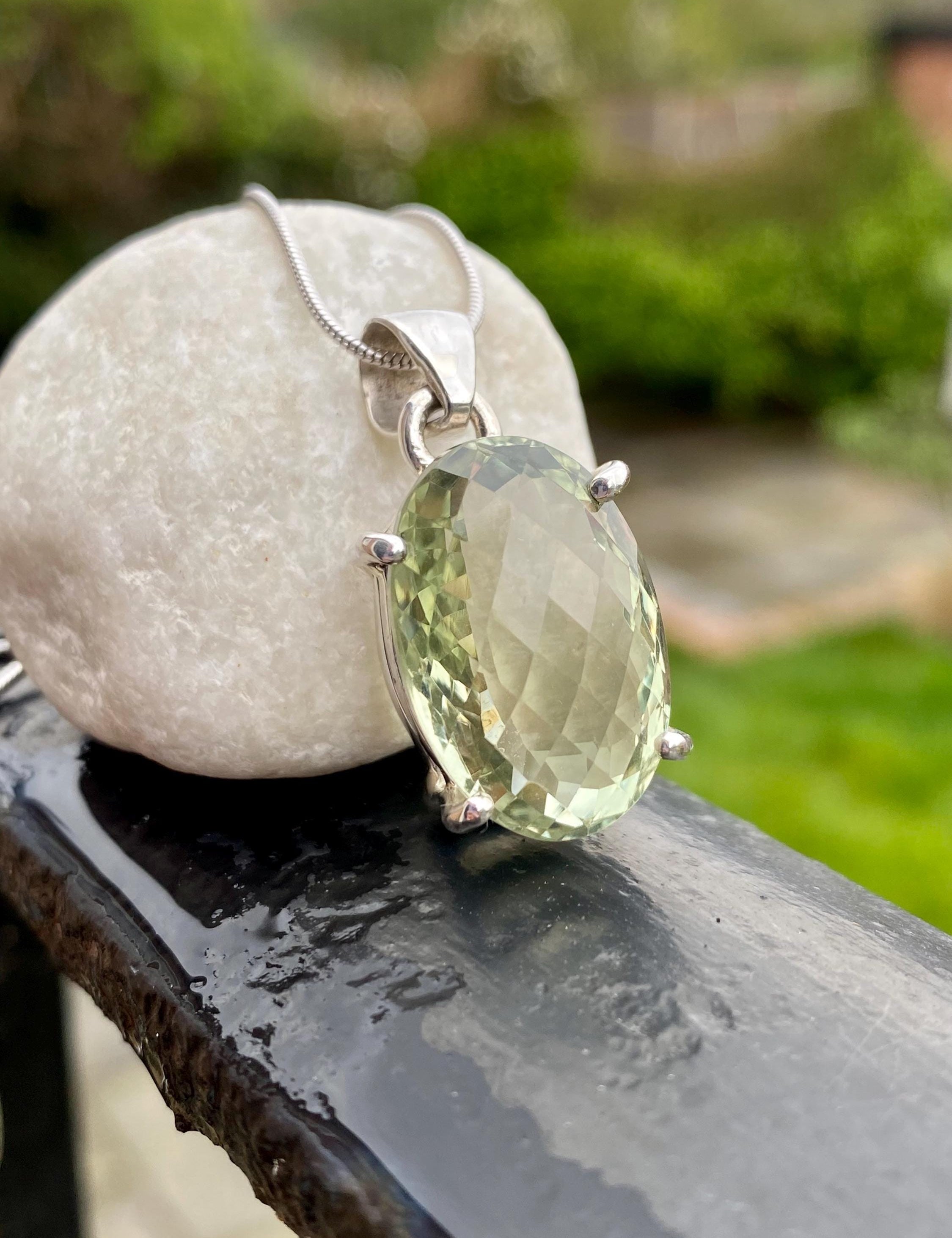 Faceted Green Amethyst (Prasiolite ) and Silver Pendant Including the Chain