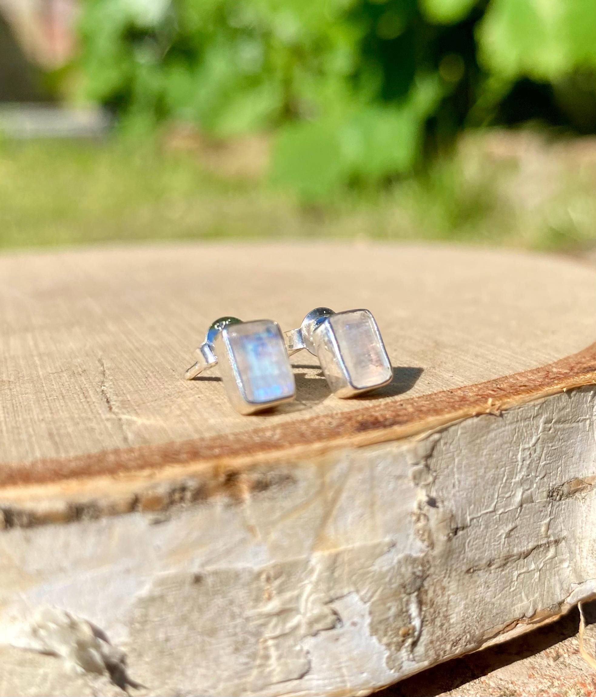 Blue Fire Moonstone Sterling Silver Stud Earrings