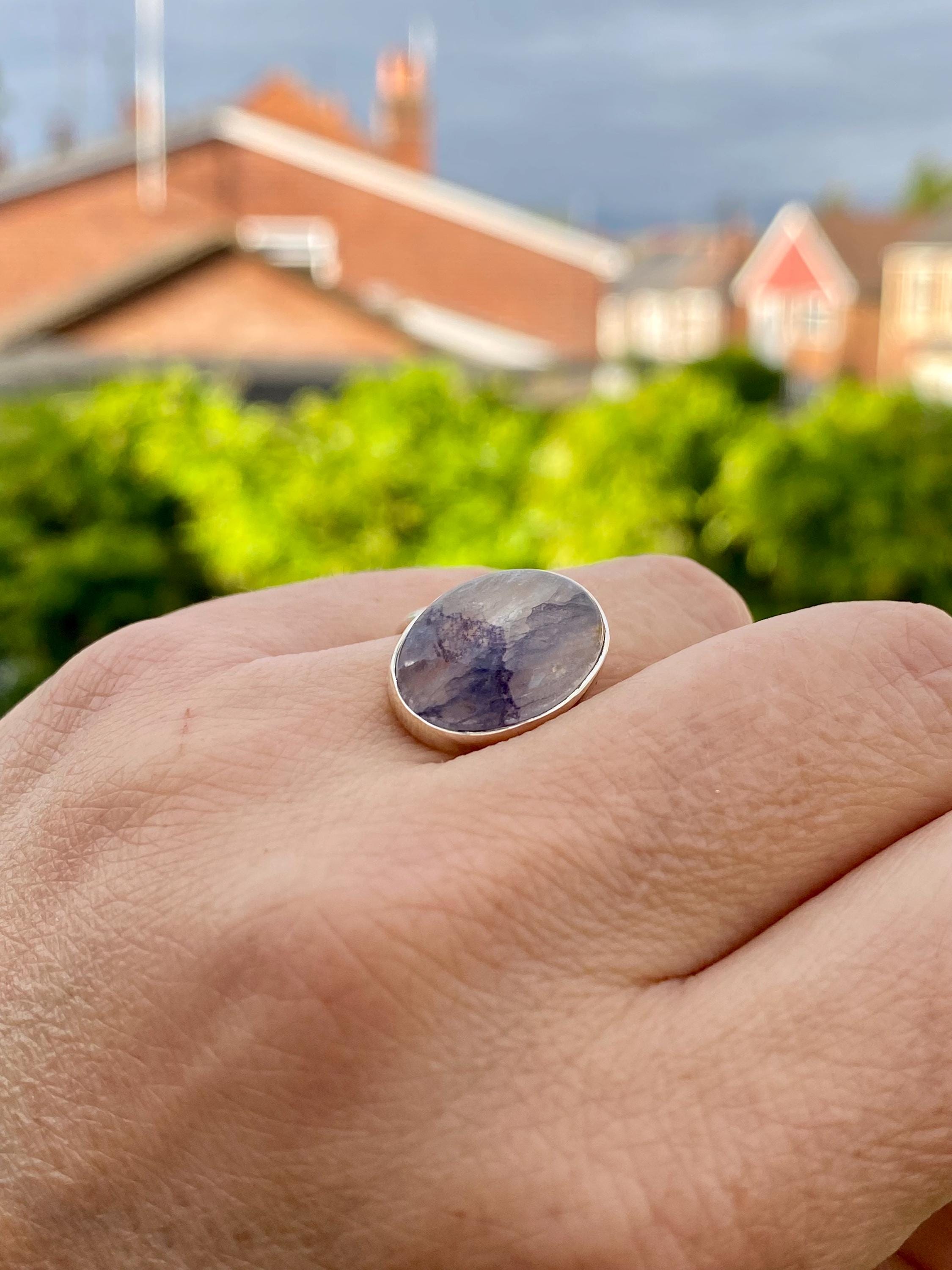 Blue John and Solid Silver Oval Ring - Extremely Rare