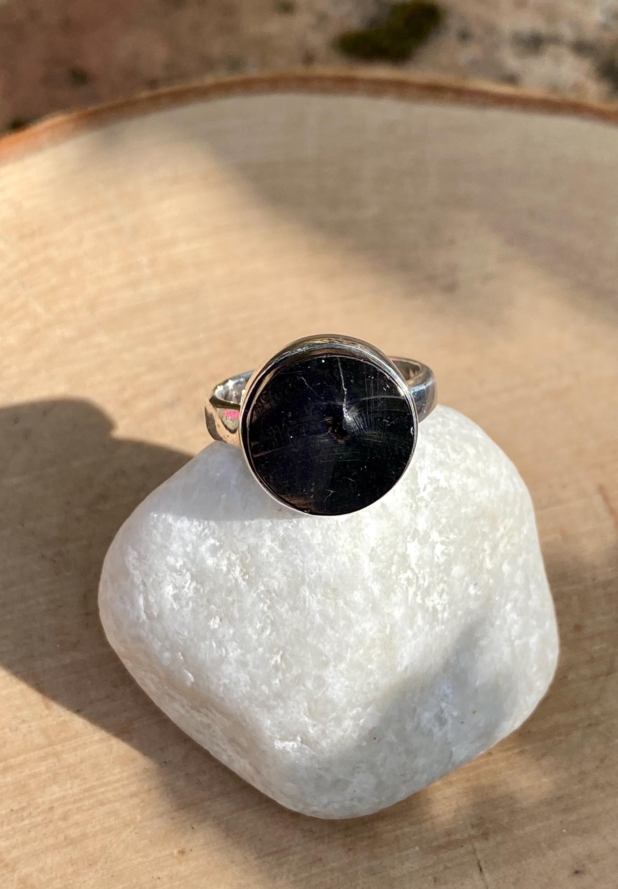 Karelian Shungite Sterling Silver Ring: Round Stone, Size 7