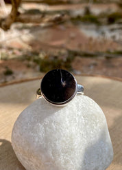Karelian Shungite Sterling Silver Ring: Round Stone, Size 7