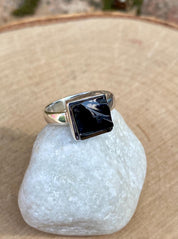 Karelian Shungite Sterling Silver Ring: Princess Cut Stone