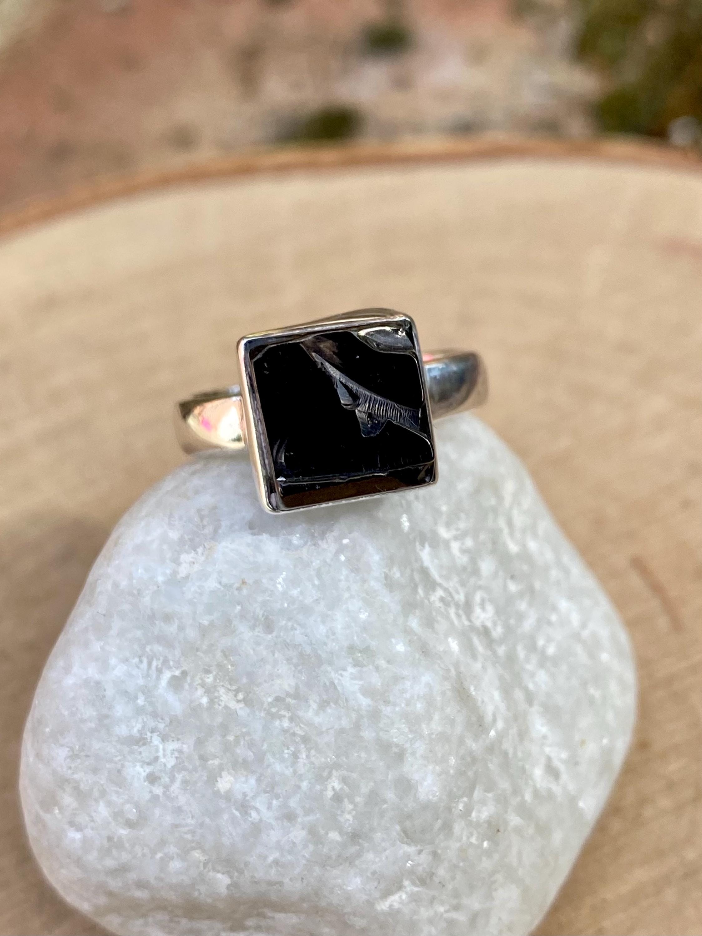 Karelian Shungite Sterling Silver Ring: Princess Cut Stone
