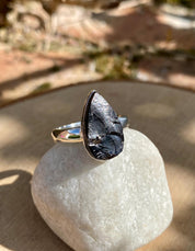 Shungite Sterling Silver Ring: Karelian Pear-Cut Stone