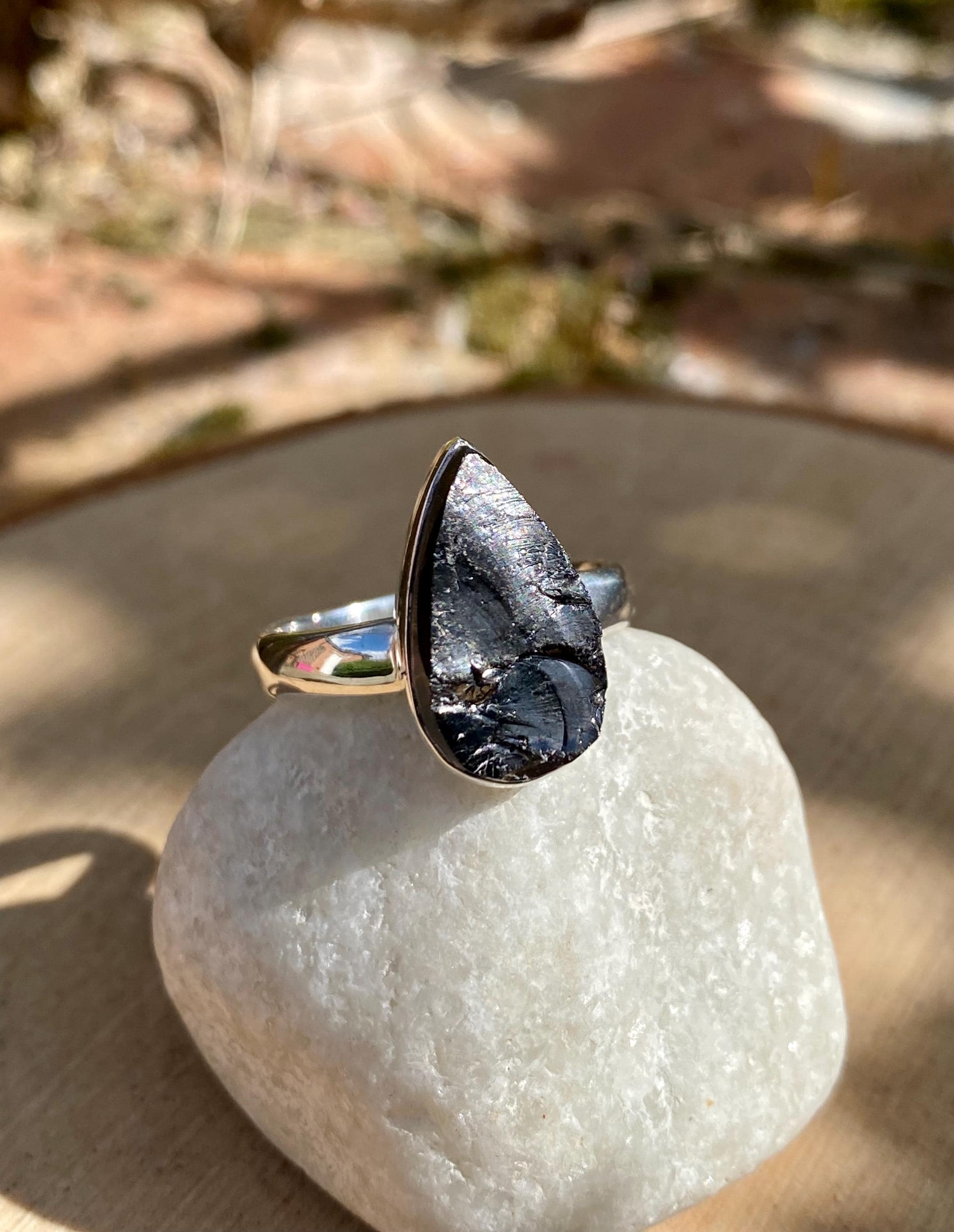 Shungite Sterling Silver Ring: Karelian Pear-Cut Stone