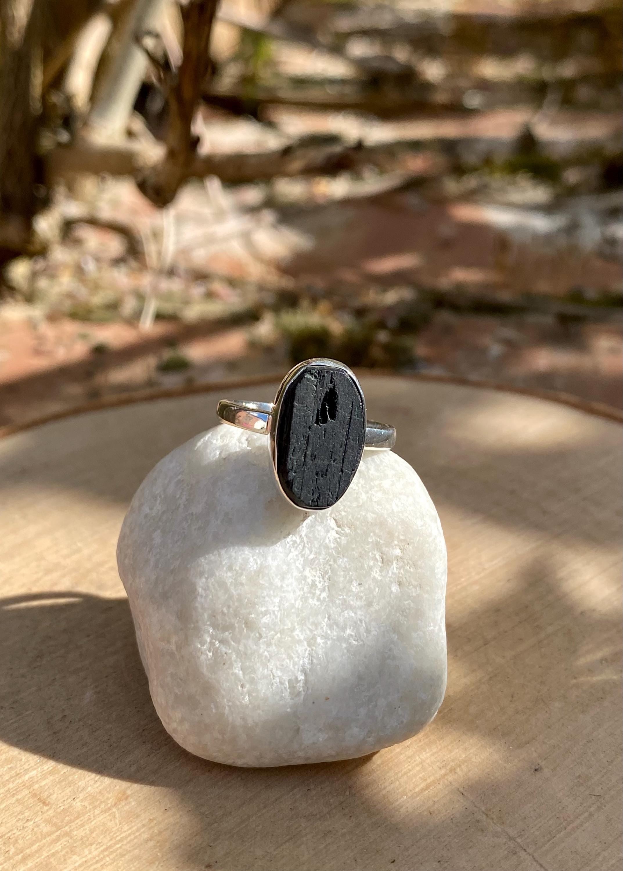 Genuine Black Raw Tourmaline Sterling Silver Ring