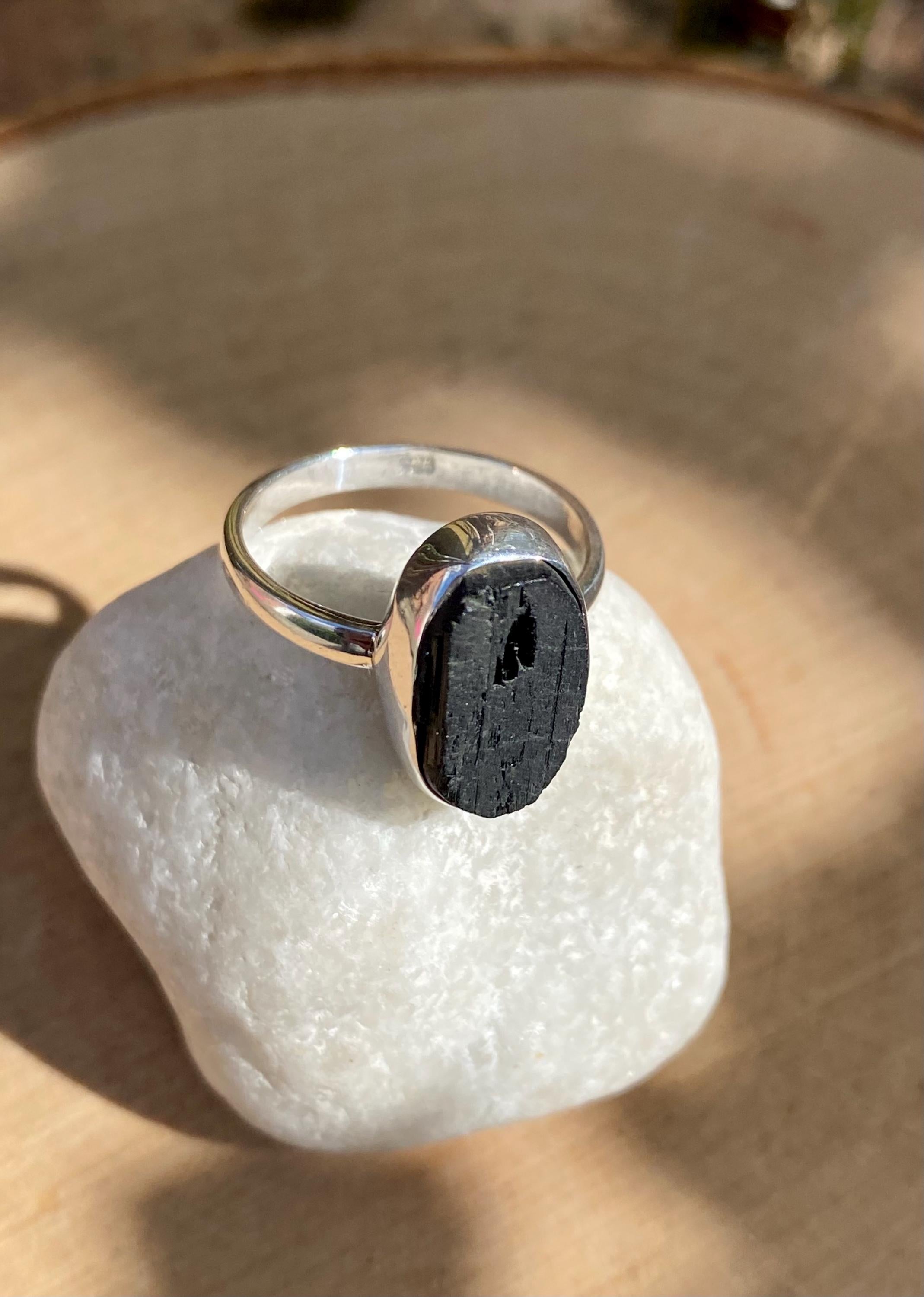 Genuine Black Raw Tourmaline Sterling Silver Ring