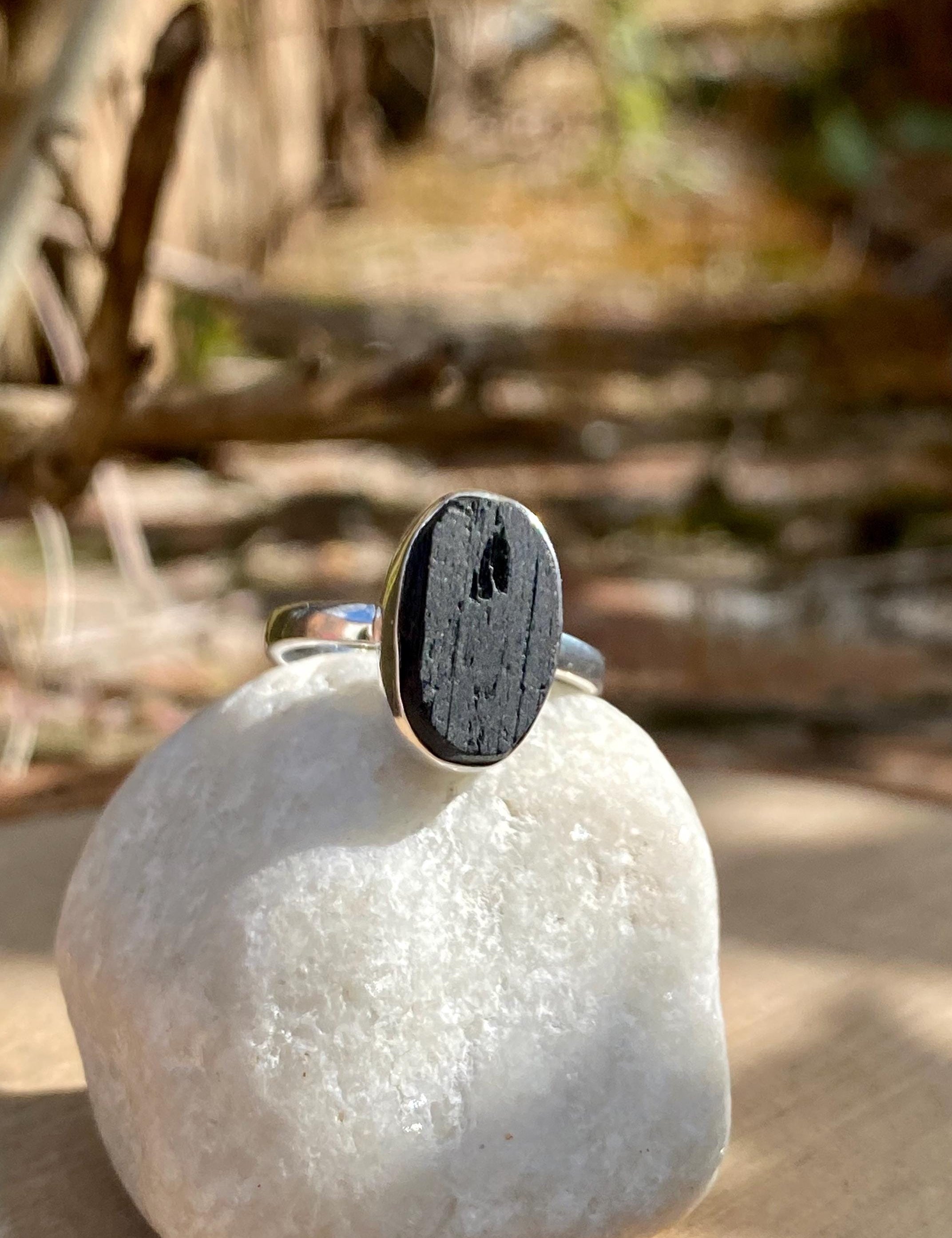 Genuine Black Raw Tourmaline Sterling Silver Ring