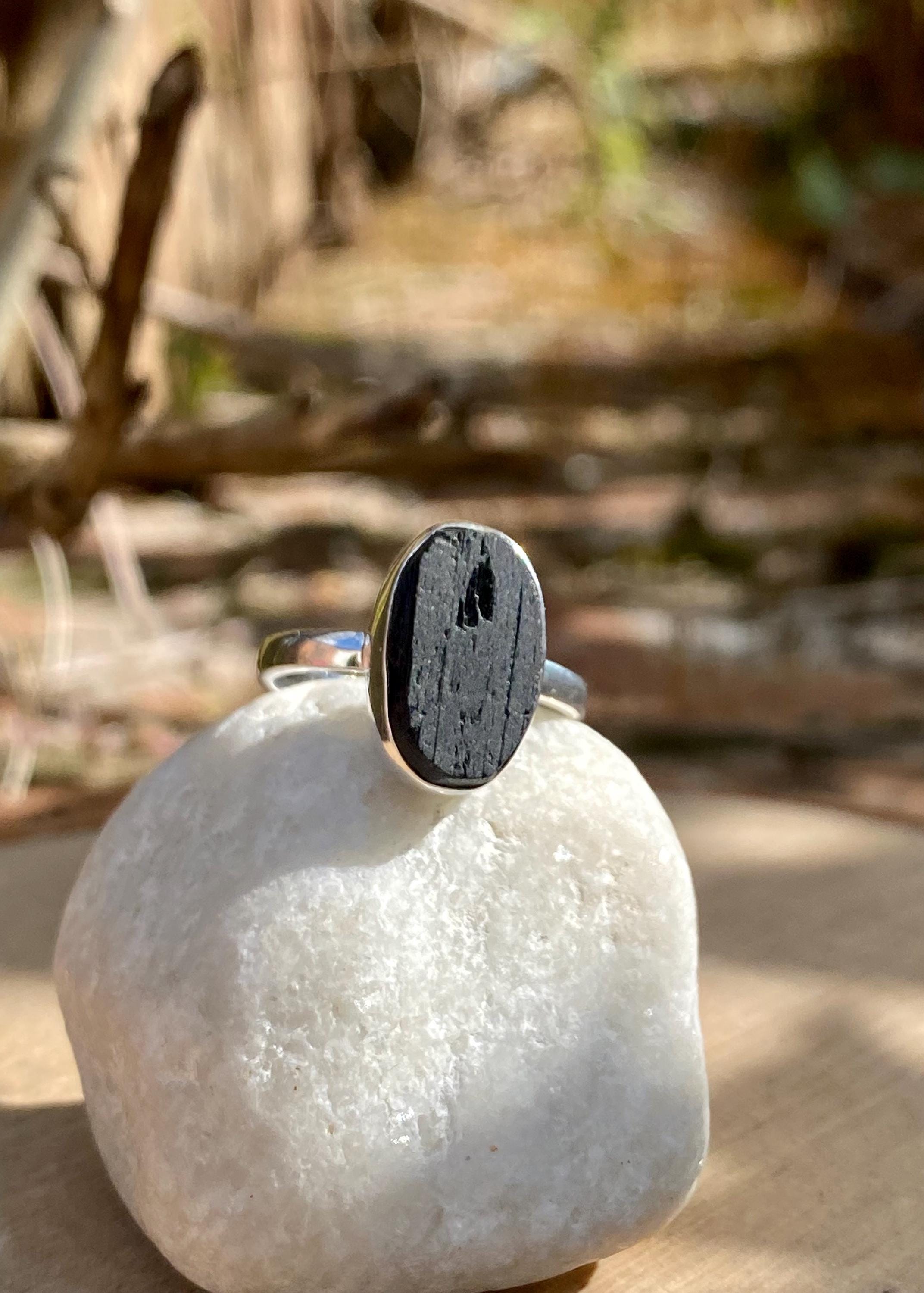 Genuine Black Raw Tourmaline Sterling Silver Ring