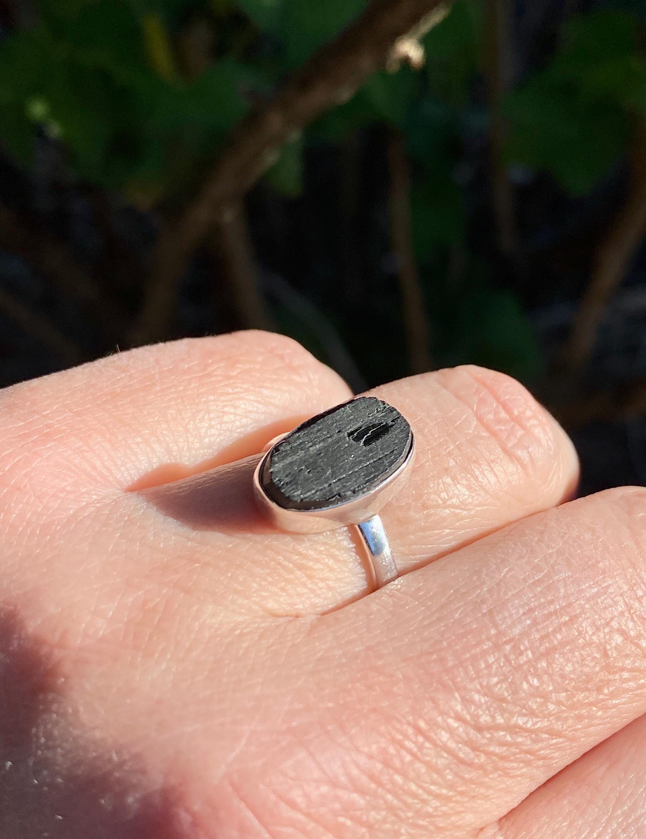 Genuine Black Raw Tourmaline Sterling Silver Ring