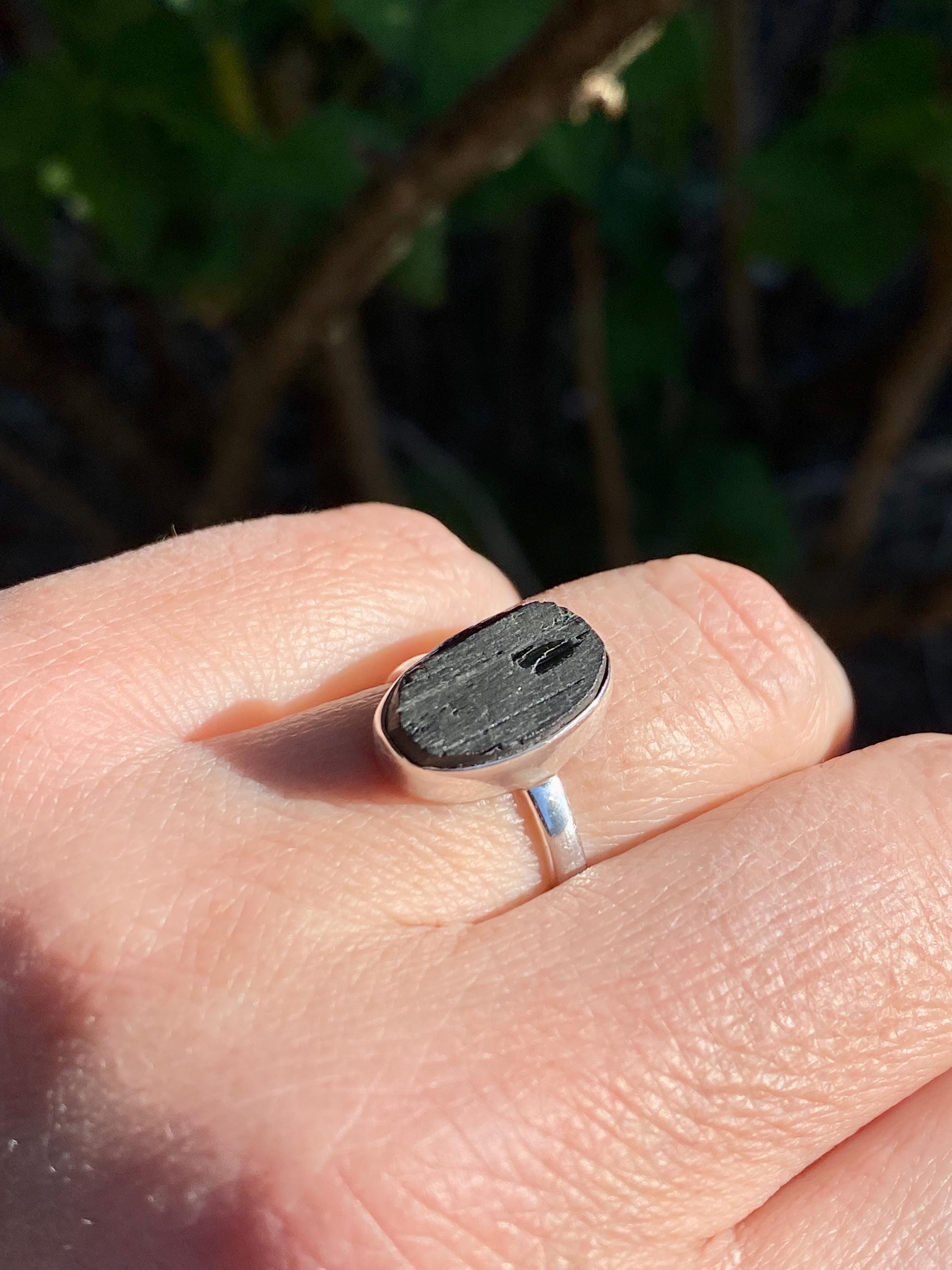 Genuine Black Raw Tourmaline Sterling Silver Ring